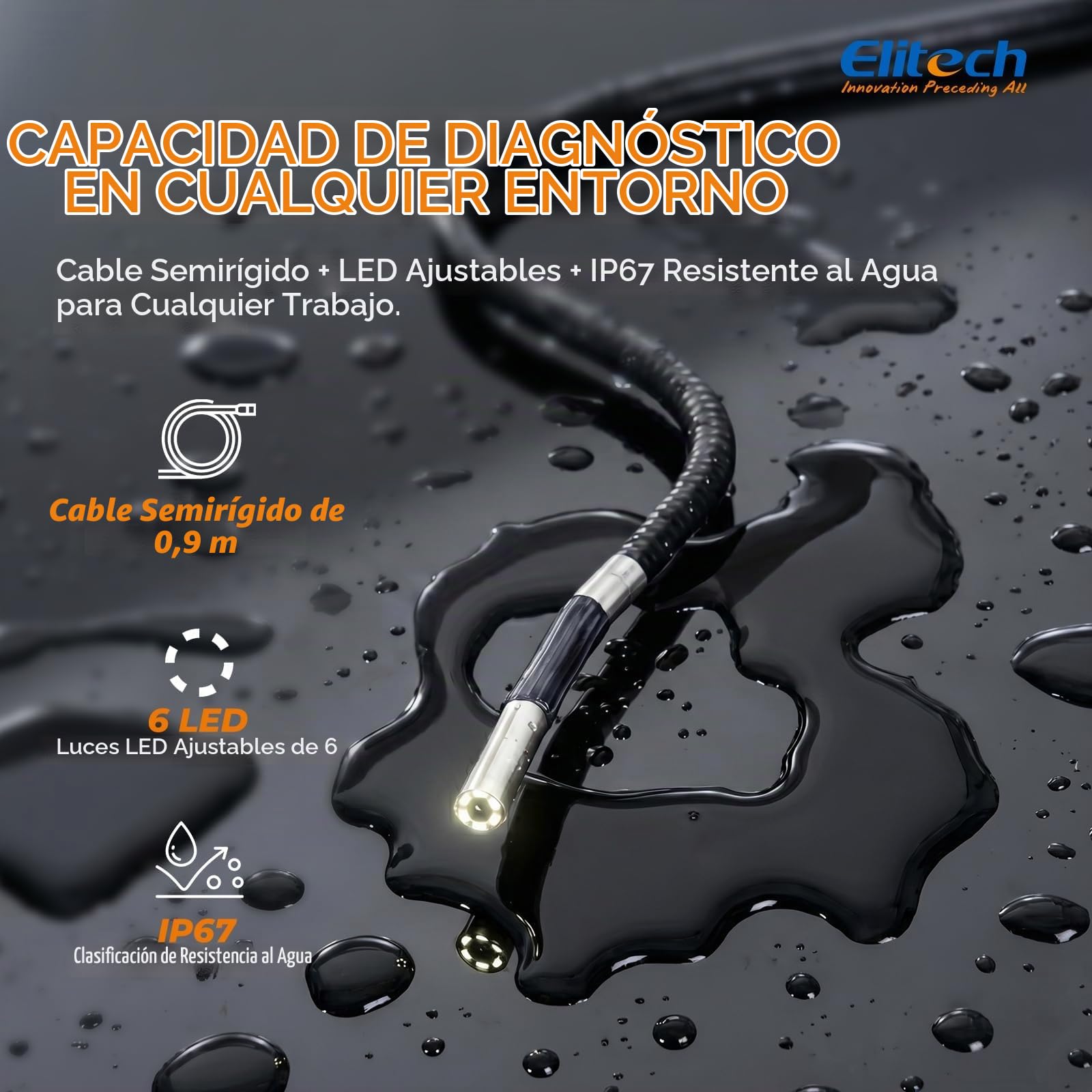 Elitech Cámara de Inspección de Tuberías y Motores Endoscopio Articulado Bidireccional 180° con Pantalla IPS 4.3" y Sonda Ultrafina 6.2mm IP67 Herramienta Profesional ELS-240