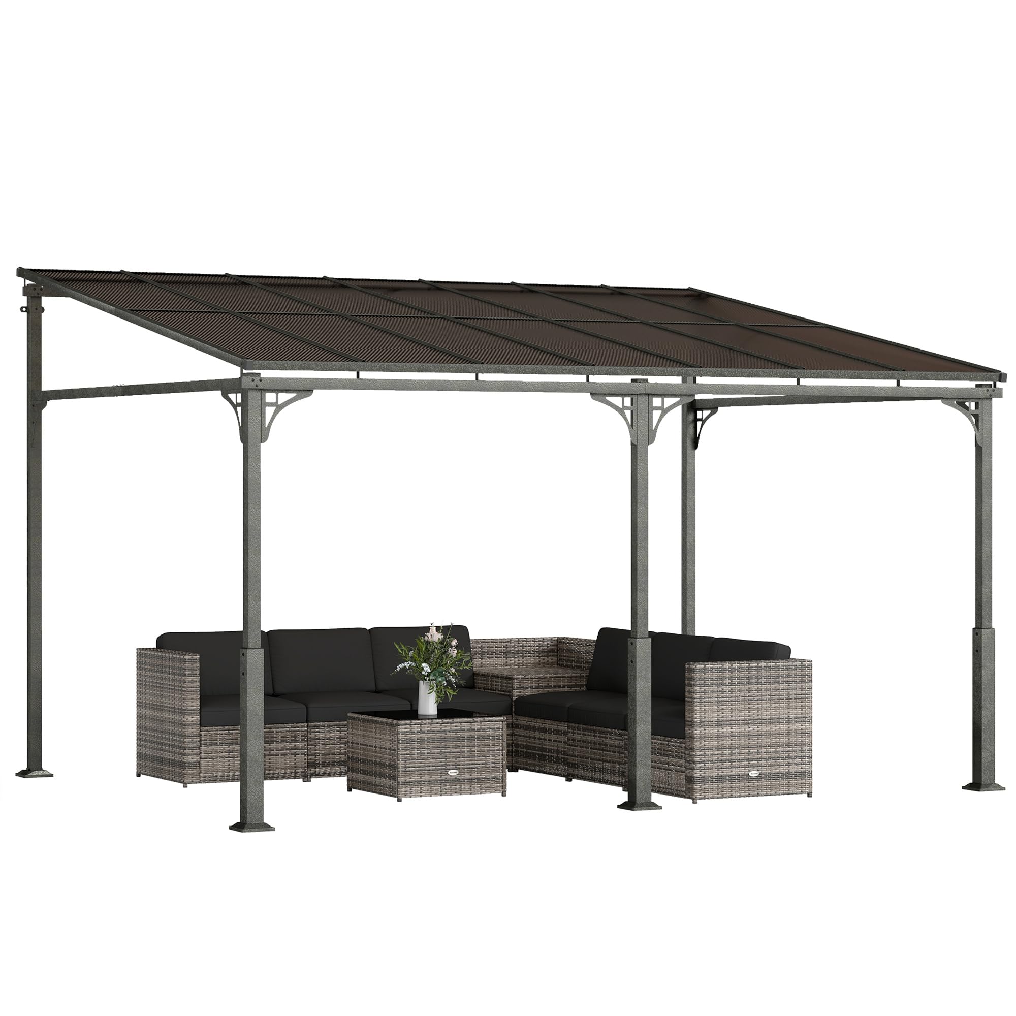 Outsunny Pergola ścienna 4 x 3 m Zadaszenie tarasowe z nachylonym dachem poliwęglanowym, metalowo-aluminiowa rama, przylegająca pergola na taras, ogród, brązowa