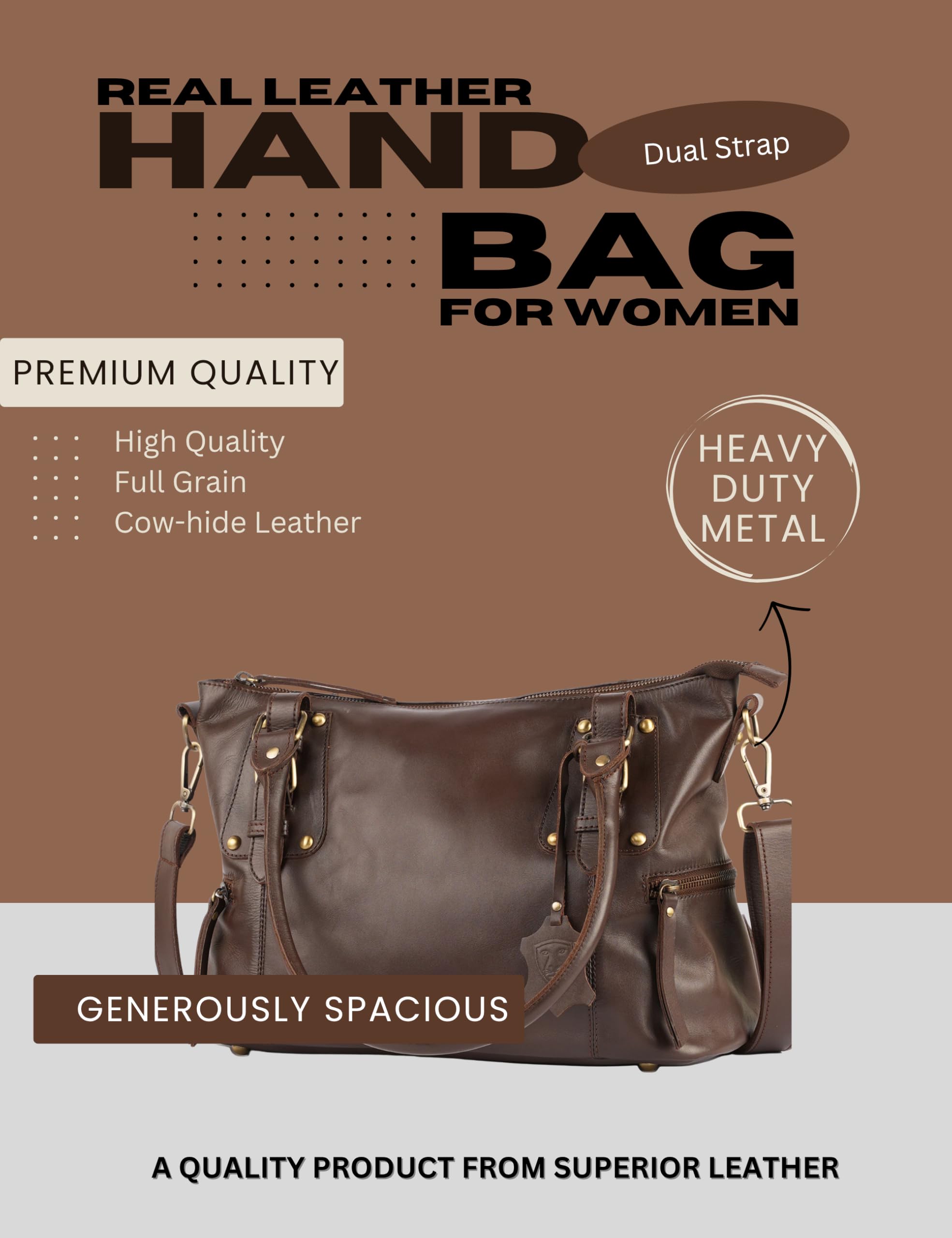 Bolso de mano de piel auténtica de grano completo para mujer, bolso de hombro, marrón, L=13.75", H=10", W=5.5"