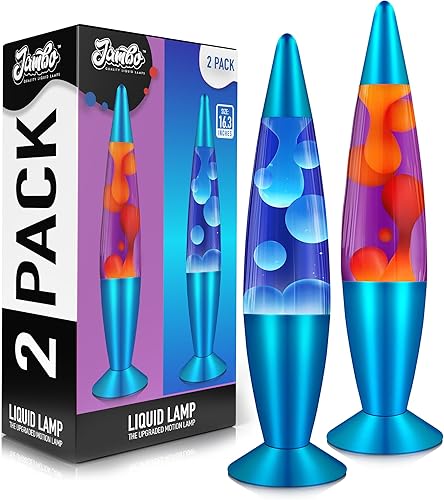 JAMBO Paquete de 2 - Hermosa lámpara de 16 pulgadas, azul con cera azulblanca y púrpura con cera amarilla, lámpara líquida relajante, luz nocturna