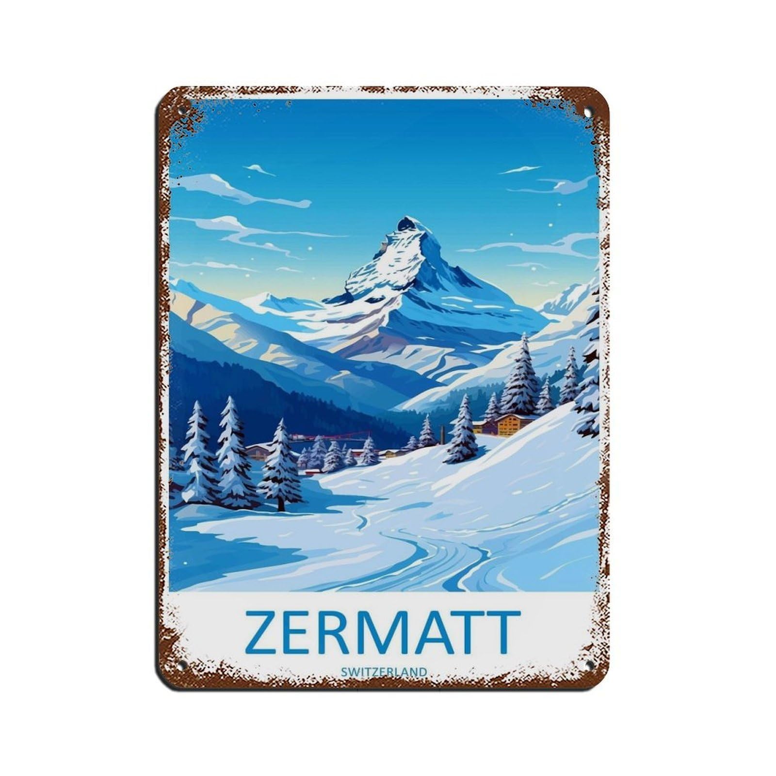 Zermatt Travel Art Ski Art Lover Gift Retro Poster Metal Tin Sign Chic Art Retro Iron Painting Bar People Cave Cafe Family Garage Poster Wall Decoration 12x16inch(30x40cm)