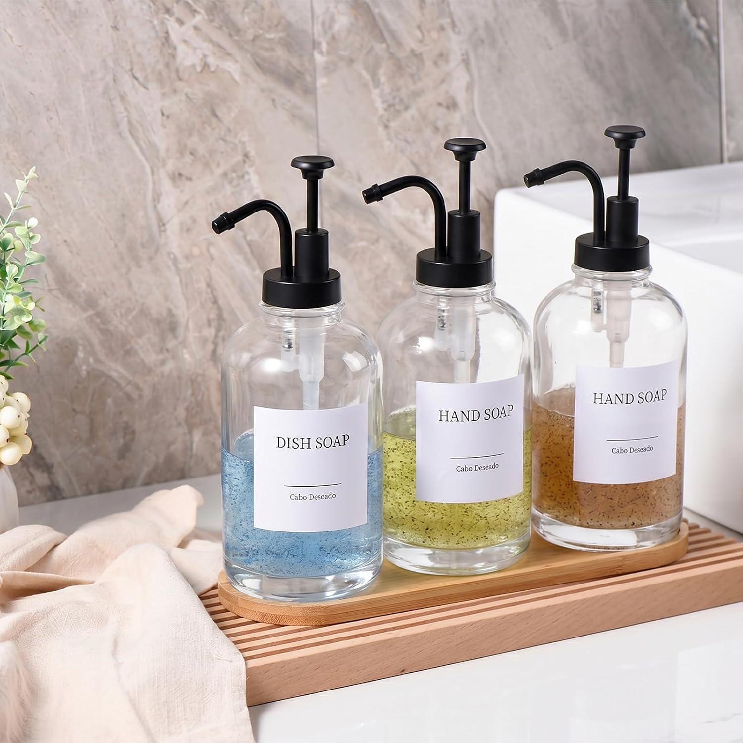 Glass Soap Dispenser with Pump, Dish and Hand Soap Dispenser for Kitchen Bathroom, Glass Dispenser Set with 18 Stickers Funnel Bamboo Tray 500ml 18oz Clear image 2