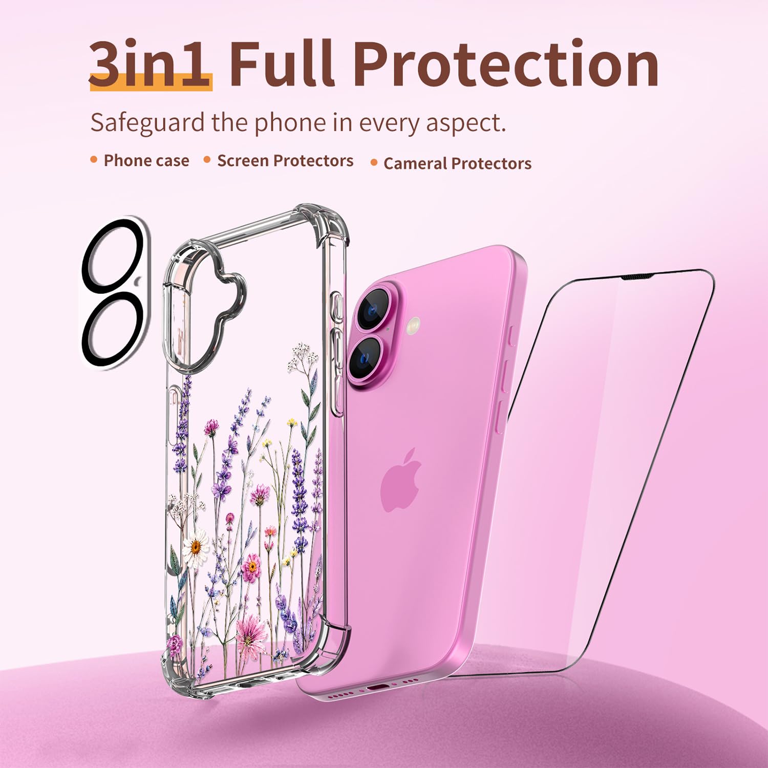 Custodia per iPhone 16, 3 in 1 per schermo e lenti protettive, cover | Morbido materiale TPU, design floreale, antiurto, progettato per donne e ragazze, giardino di lavanda