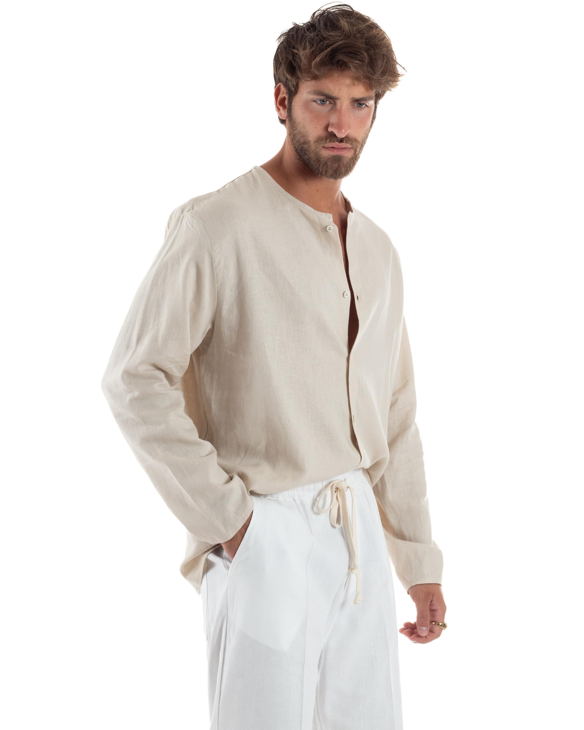 Camicia Uomo Casacca Lino Relaxed Fit Maniche Lunghe Casual Fresca Leggera Collo Serafino Tinta Unita Vari Colori