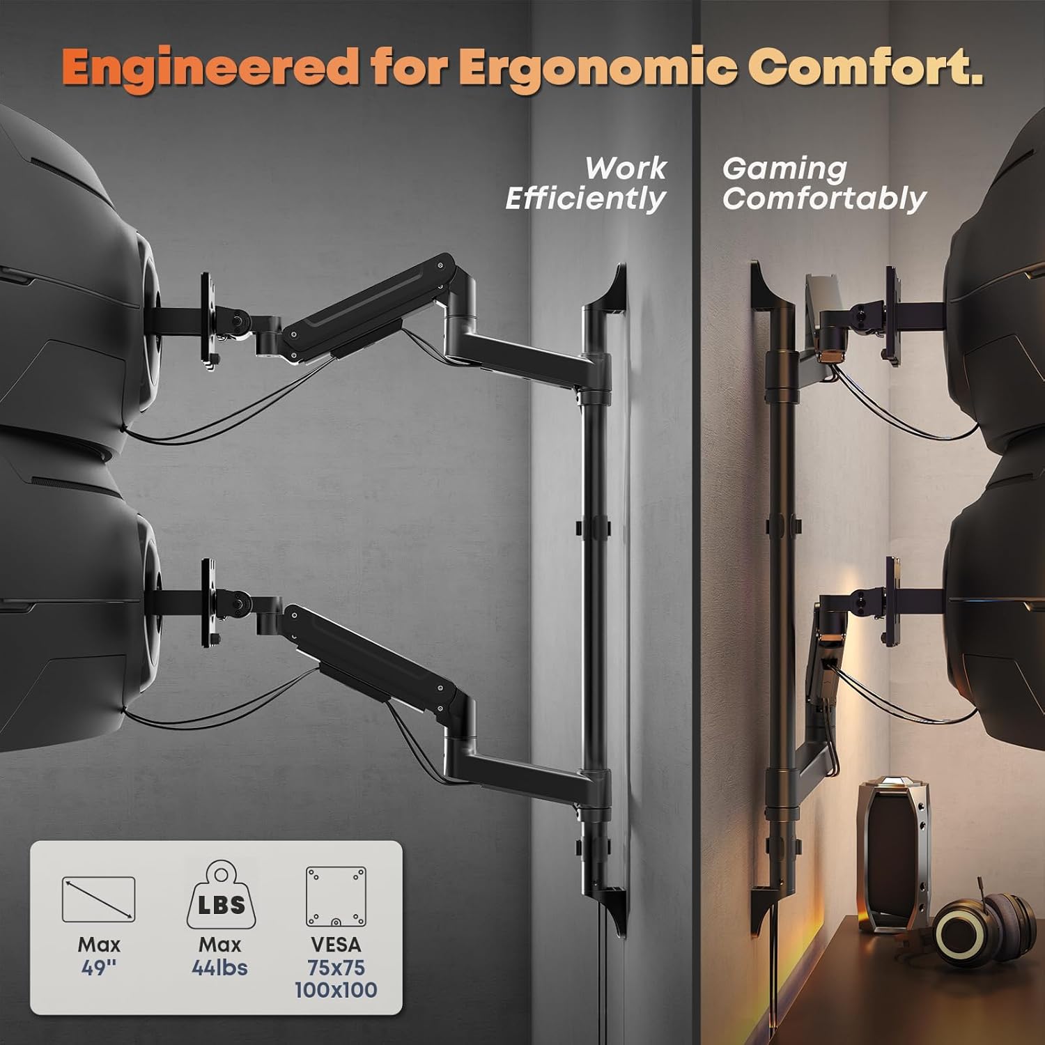 PUTORSEN Dual Monitor Wall Mount for 17-49" Ultrawide Screens,Heavy Duty Fully Adjustable Gas Spring Monitor Arm Holds 44 lbs per Arm,VESA 75/100mm,Space-Saving Desk Solution for Office &Home,Black