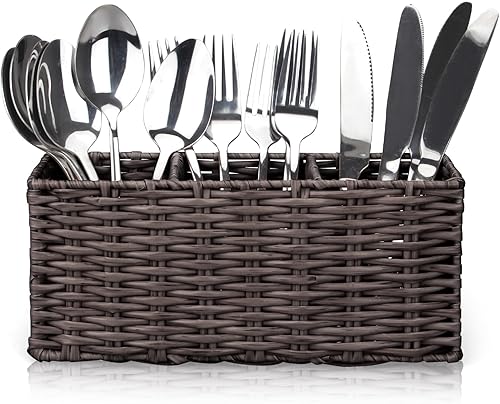 Miniatura 7 de Ayiaren Cubertería de mimbre para cubiertos, soporte para utensilios de cocina marrón para encimera, organizador de cubiertos, contenedores de