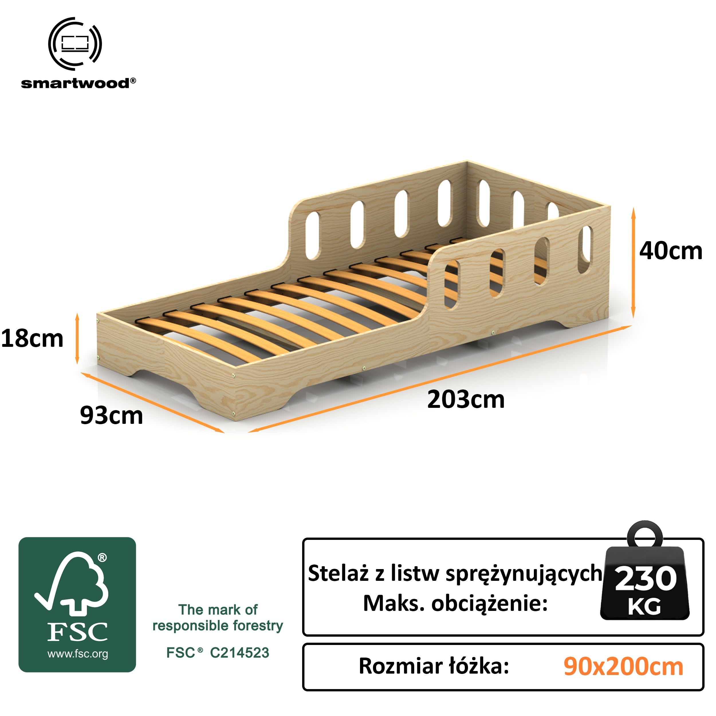 smartwood Łóżko dziecięce 90x200 z barierką, Drewno, Biały, TILA 6 | Łóżko dziecięce Montessori, stelaż do 230 kg, certyfikat FSC, zaokrąglone krawędzie, łatwy montaż, od 3 lat, 93x203x40 cm