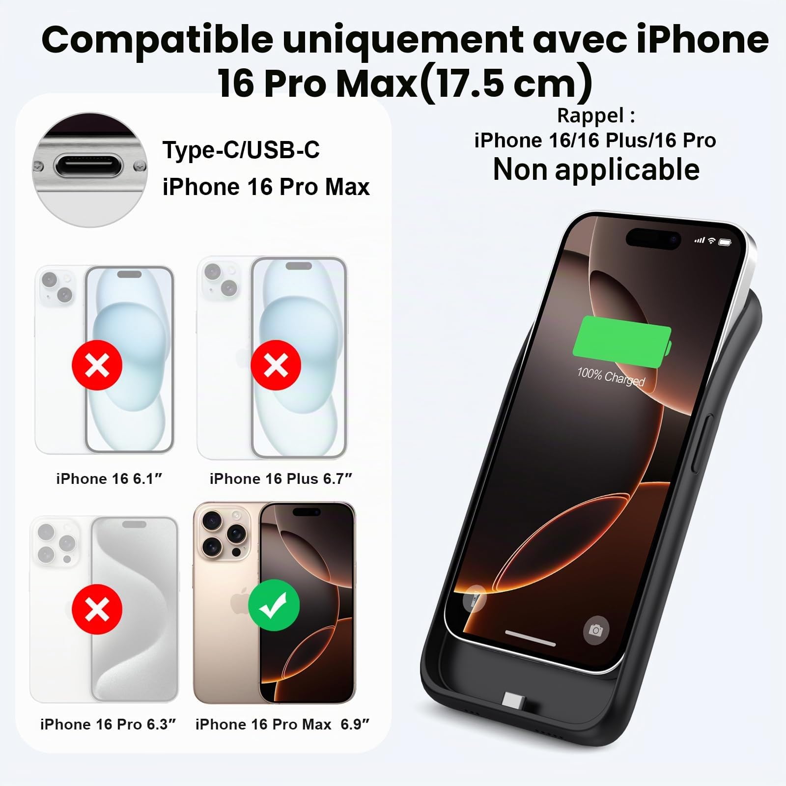 Feob Coque Batterie pour iPhone 16 Pro Max, Puissant 8600mAh 15W Coque Rechargeable Batterie Externe avec écran de Protection en Verre Trempé Chargeur Portable pour iPhone 16 Pro Max(6,9") (A-Noir)