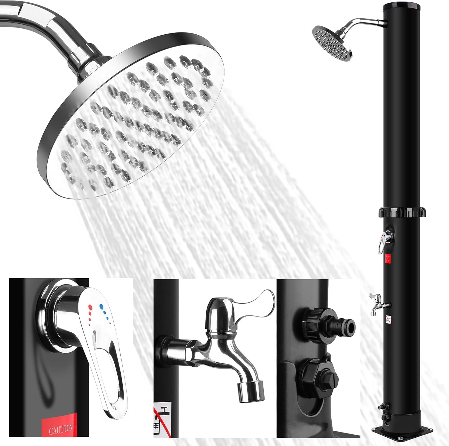 Ducha Solar Exterior 35 litros Ducha de Jardín Piscina Camping con Cabezal de Ducha de Lluvia Giratorio y Ducha de pies – Temperatura de hasta 60°C, Sin Necesidad de Electricidad – Negro (60L)