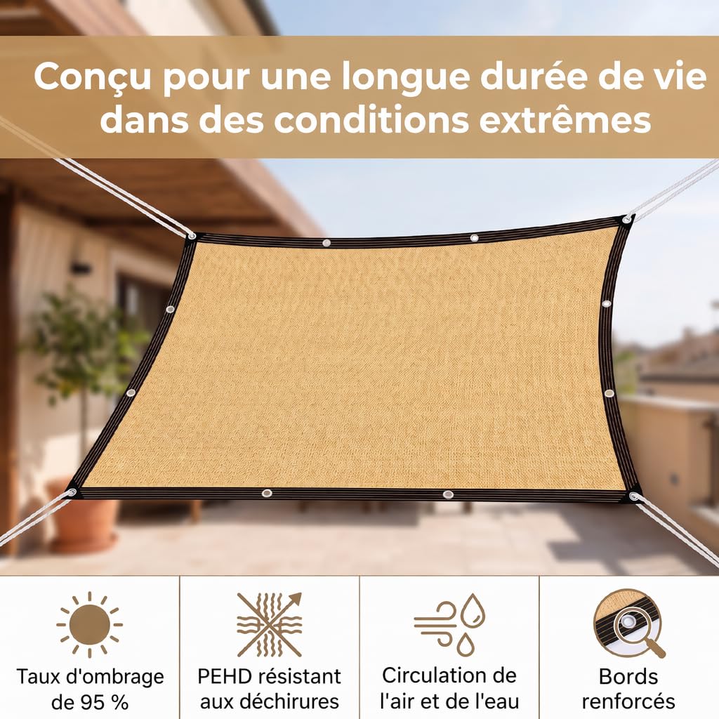 Filet Ombrage 3x4m Beige - Toile Haute Densité, Taux Ombrage 95% - Voile Rectangulaire avec Mousquetons & Corde 20m pour Serre, Jardin, Terrasse, Plantes