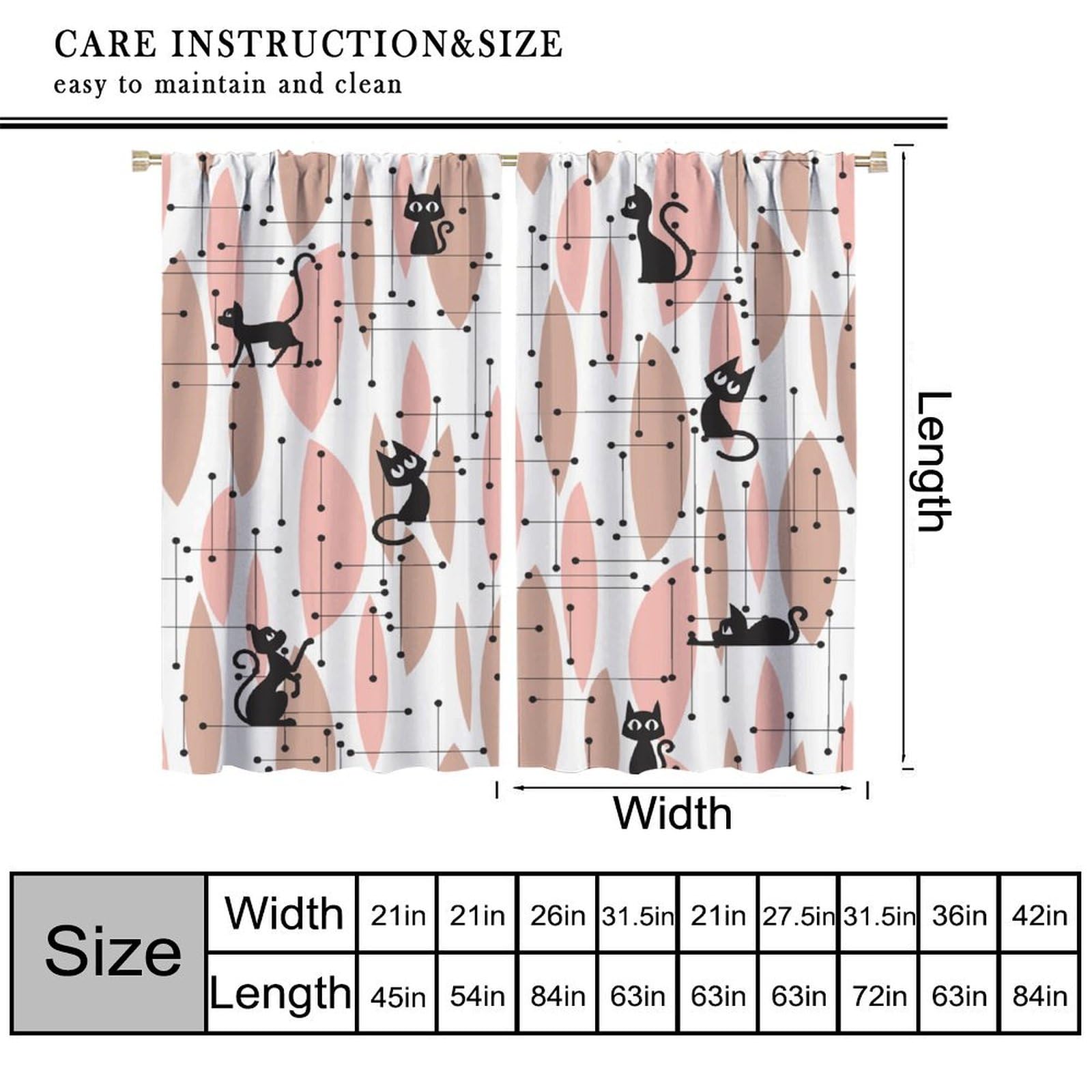 FengMingRui Mid Century Blackout Curtain Vintage Pink Geometric Black Cat Retro Aesthetics Art Rod Pocket Window Treatment for Kids Bedroom Kitchen Decor Window Drapes 42