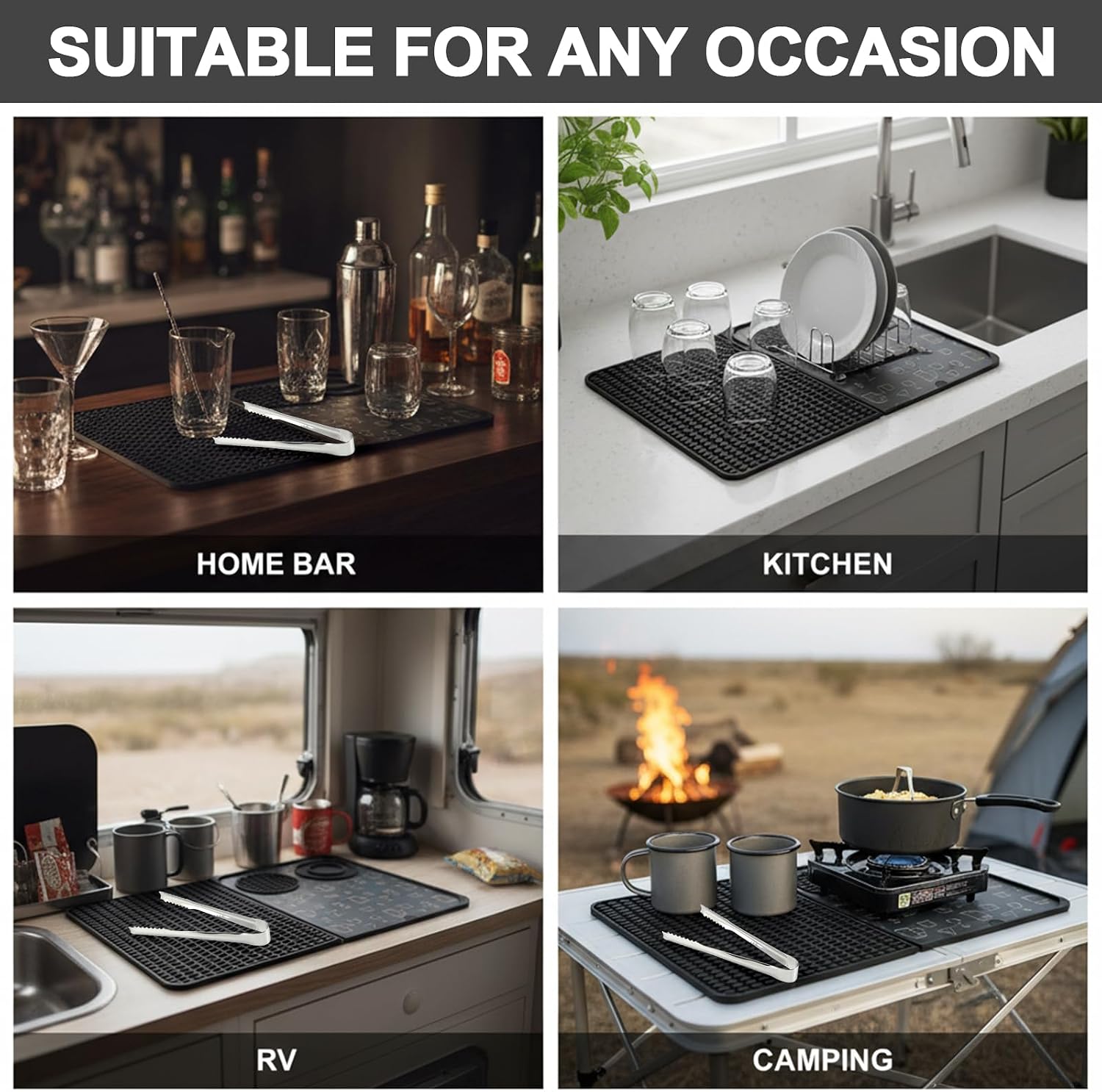 3-in-1 Folding Silicone Bar Mat 18"x12", Countertop Cocktail Bartending Mat