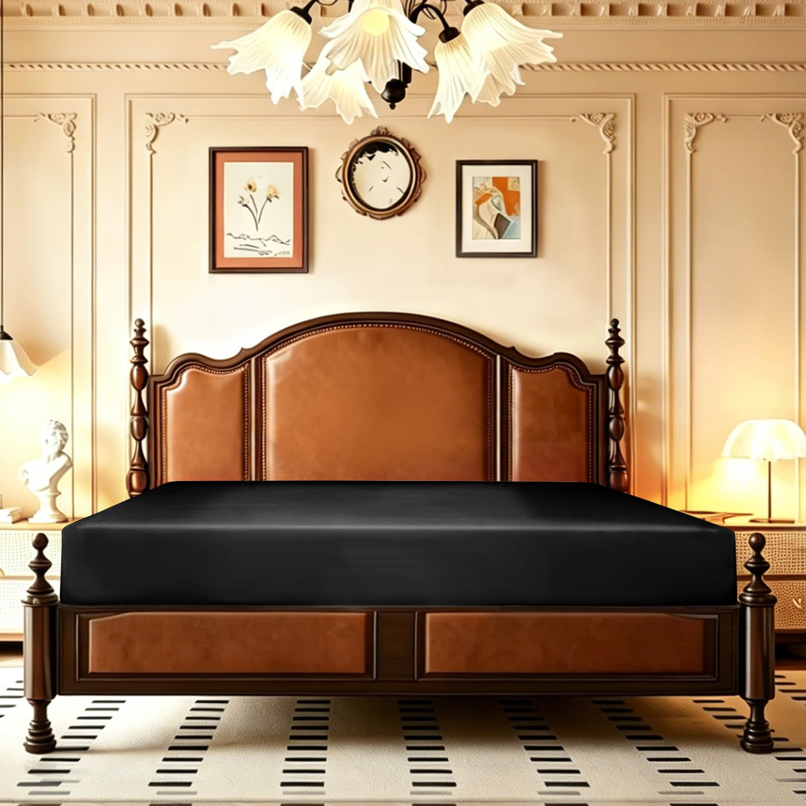 Lirex Lenzuola con Angoli in Raso, Letto Matrimoniale 180x200cm, per Materassi Alti Fino a 35 cm, Lussuoso e Setoso Biancheria da Letto in Poliestere Morbido, Nero