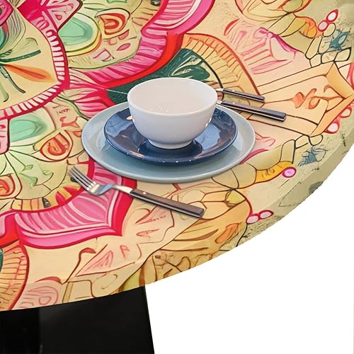 Miniatura 209 de Mantel redondo ajustado con diseño de mandala de flores, mantel circular bohemio y colorido con borde elástico, impermeable, lavable, de poliéster
