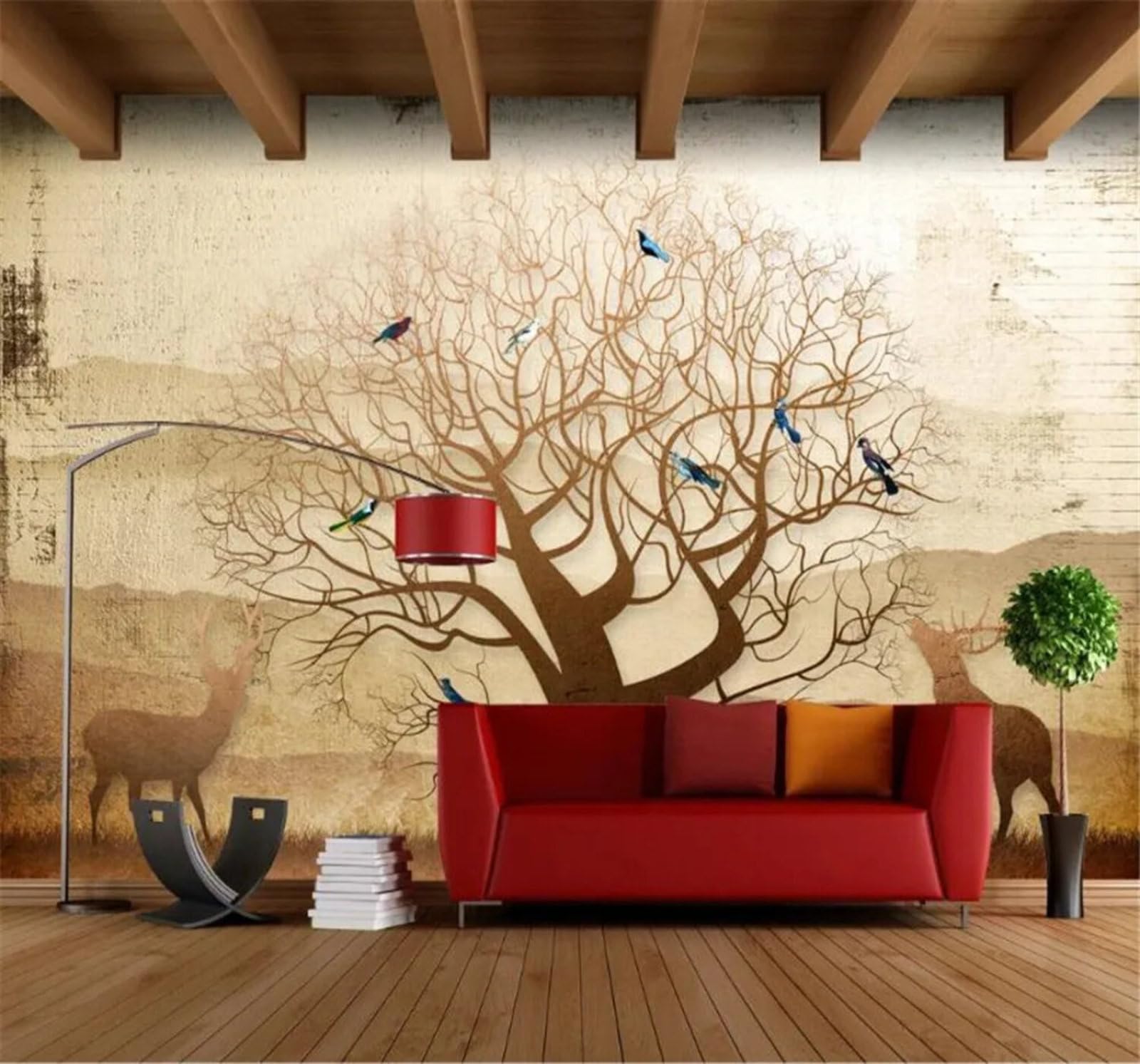 Tzxztt Retro Nostalgic Forest Large Tree Reindeer Modern 3D Wallpaper Premium Textured Silk Neutral Tones Material Ideal for Living Room Bedroom-430cm×300cm