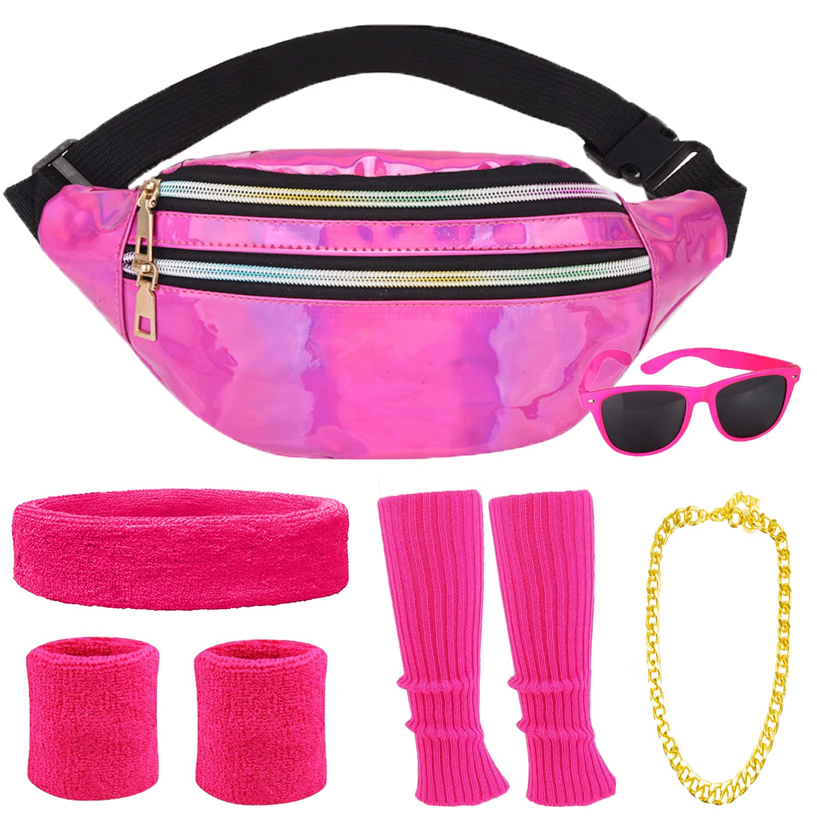 80s Fancy Dress for Women Pink 80s Accessories for Women Neon Leg Warmers for Women 80s Sweat Bands Wristbands 80 s Fancy Dress Women Bumbags for Ladies/Girls/Kids 80's Fanny Pack 1980s Waist Bag