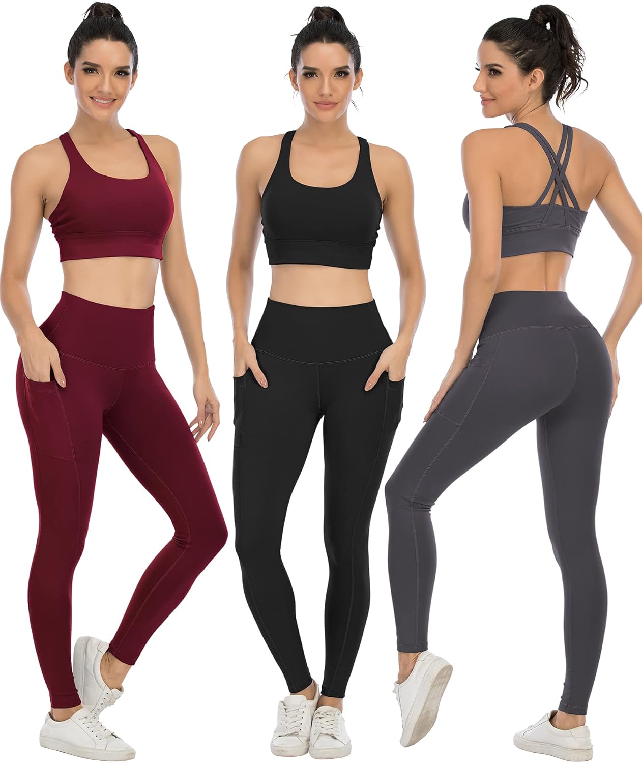 CHRLEISURE Leggings with Pockets for Women, High Waisted Tummy Control Workout Yoga Pants 3 Pack : Sports & Outdoors