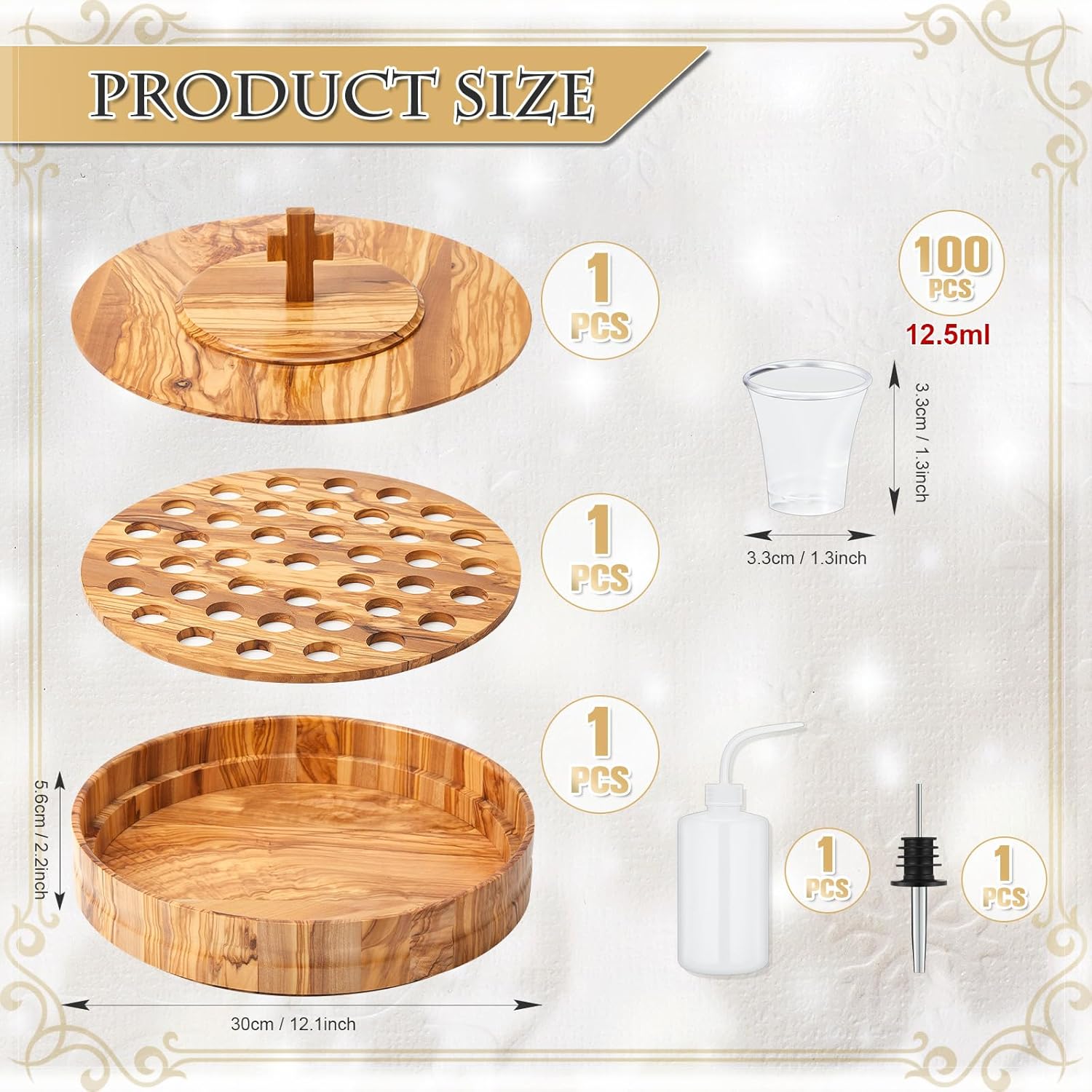Zhehao 1 Set Wood Communion Set Holy Communion Trays for Churches with Lid Churches Cup Fillers and 100 Disposable Cups(Olive Wood Style)