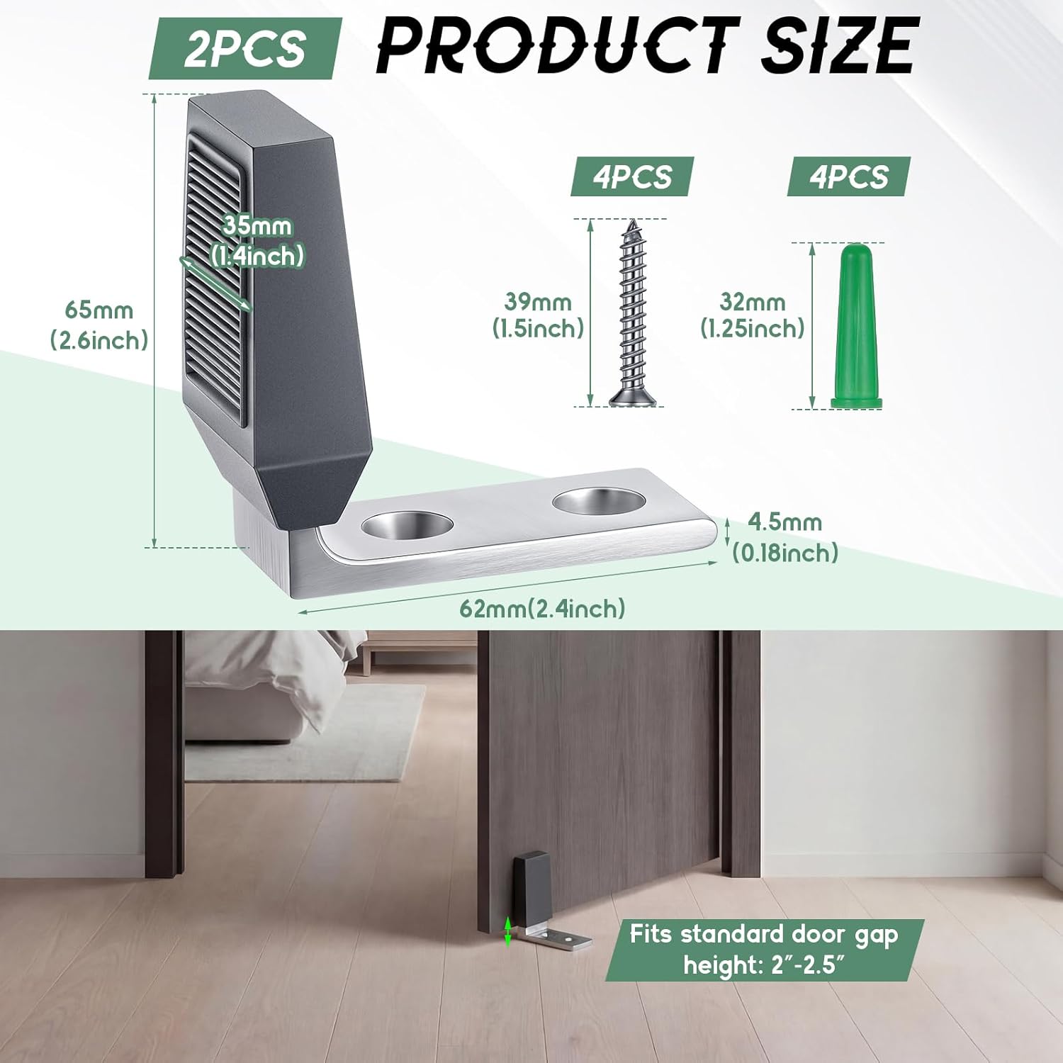 Moxweyeni 2 Pack Floor Door Stop Angle Door Stopper Floor Mounted Heavy Duty Base for Doors with up to 2" Gap Comes with Rubber Bumper Stainless Steel Screws Suitable for Wood Concrete Floors (Grey)