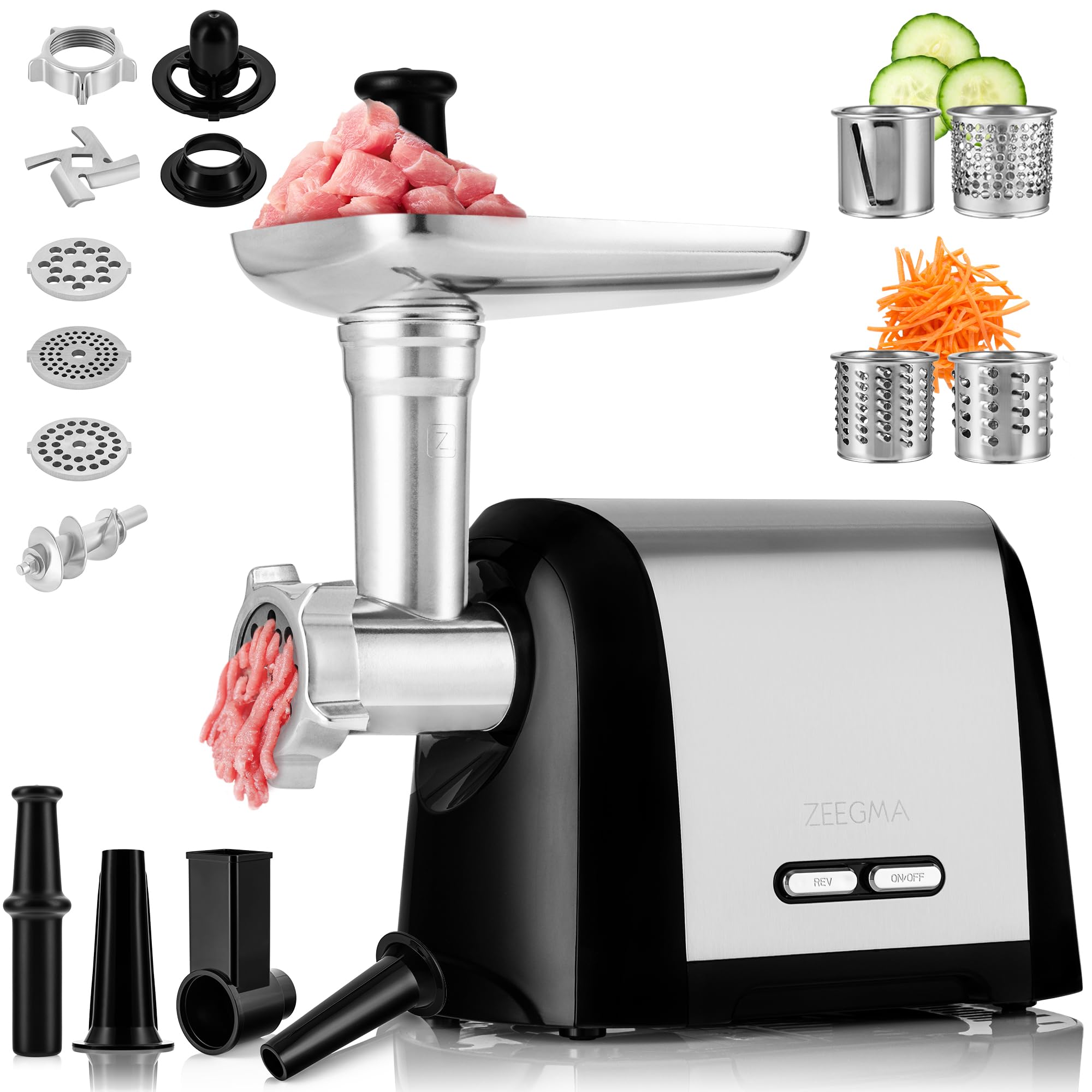 ZEEGMA Molen Chef Tritacarne Elettrico da 1900 W | 3-4 Dischi in Acciaio Inox, Accessorio per Salsicce e Kubbe, Tagliaverdure, Funzione Reverse