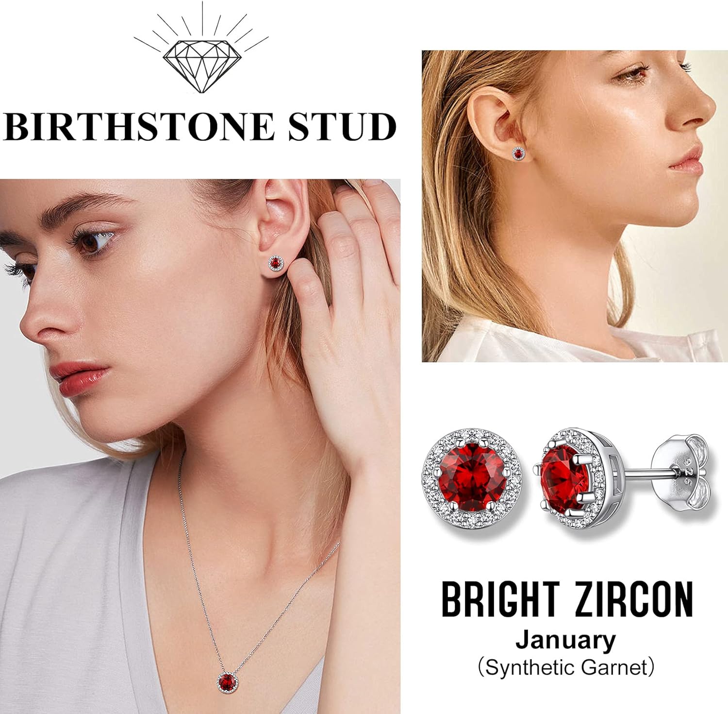 Bestyle Sparkling 925 Sterling Silver Birthstone Stud Earrings for Women, Heart/Round/Teardrop/Square Solitaire Diamond Studs Earrings, Great Birthday/Christmas Gifts
