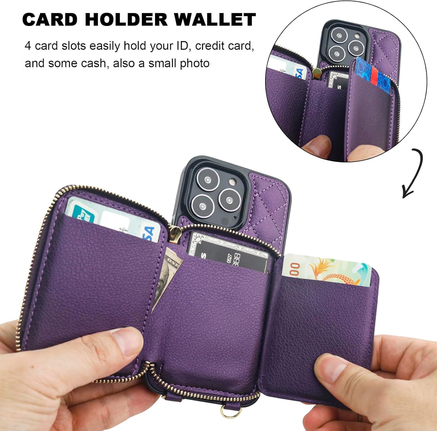 Bocasal Crossbody Wallet Case for iPhone 13 Pro, RFID Blocking PU Leather Zipper Handbag Purse Flip Cover, Kickstand Folio Case with Card Slots Holder Wrist Strap Lanyard 5G 6.1 Inch (Dark Purple)