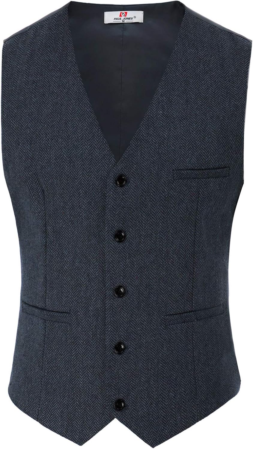 PJ PAUL JONES Men's Herringbone Tweed Suit Vest Casual Wool Blend Waistcoat Large Navy Blue image 3 of 5 B07PNG5F8M
