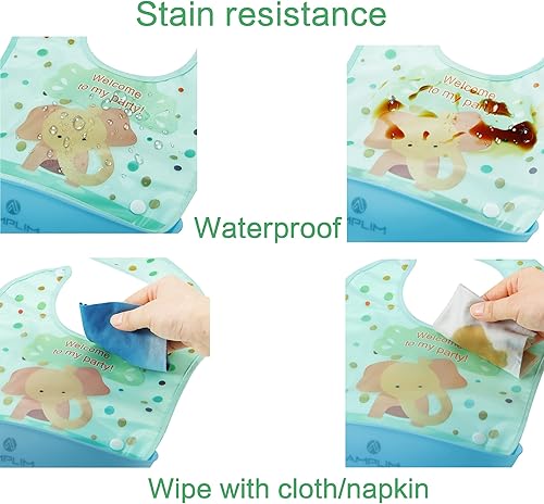 Miniatura 4 de Amplim Babero de alimentación para bebés (paquete de 3) baberos para comer. Impermeable, ajustable, ligero. Material ecológico de PEVA. Sin BPA,
