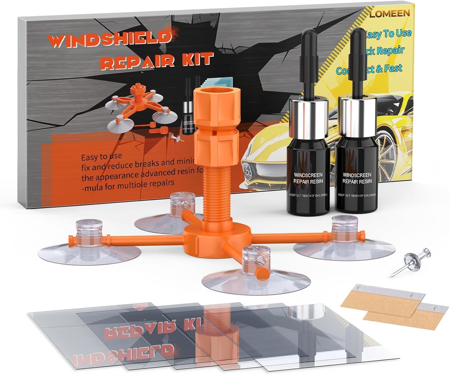 LOMEEN Windshield Repair Kit, Windshield Crack Repair Kit with Suction Cup, Quick Glass Crack Repair Resin Liquid Tool for Fixing Universal Car Chips