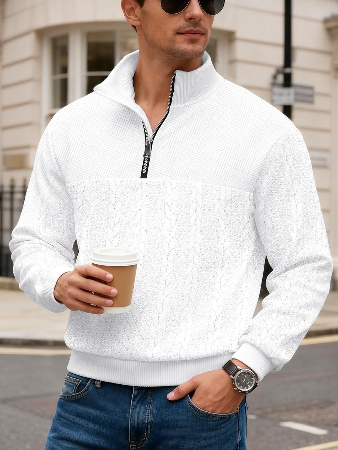 Mens Quarter Zip Sweater Men Quilted Sweatshirt Pullover Knit Long Sleeve Mock Neck Sweatshirt - Image 3
