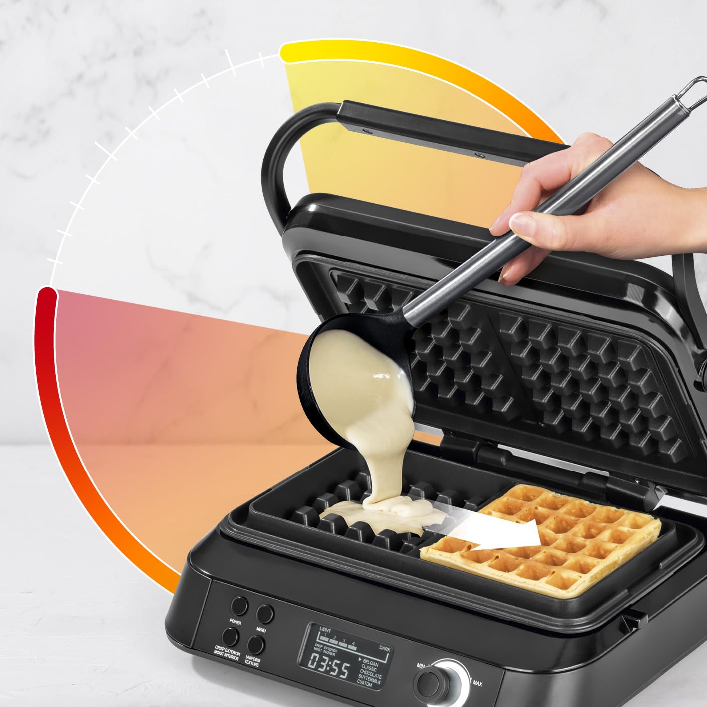 Plancha de gofres Premium en la Edición Medianoche | 1600 W | 5 programas | 7 niveles de dorado | Temporizador de cuenta atrás | Placas de calentamiento extra profundas para gofres aireados