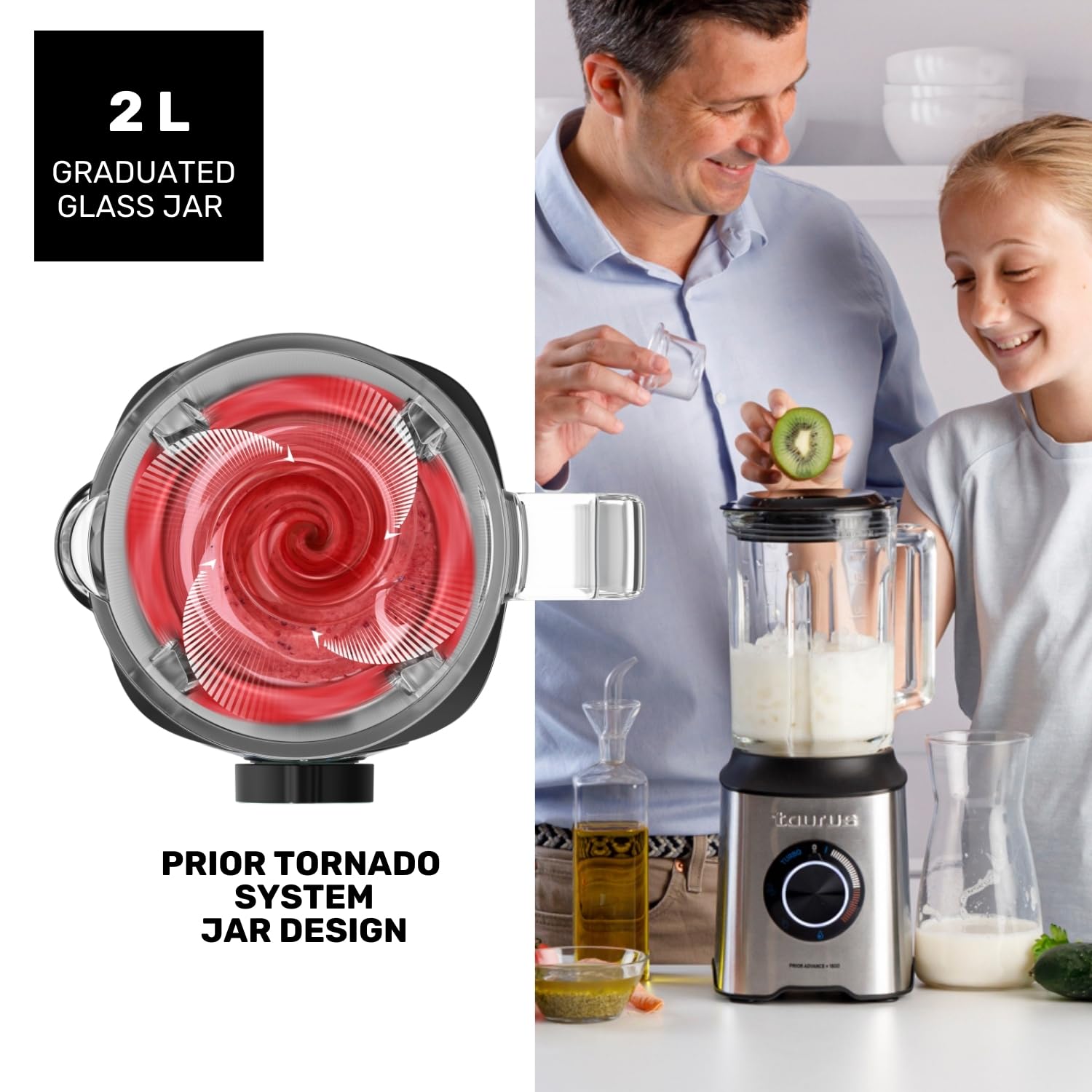 Taurus - Batidora de Vaso Prior 1800W, 20 Velocidades, Turbo + 4 Funciones, Pica Hielo, Smoothie, 6 Cuchillas, Filtro Antipulpa, Vaso Portátil, Apta Lavavajillas, Libre de BPA, Negro/Metálico