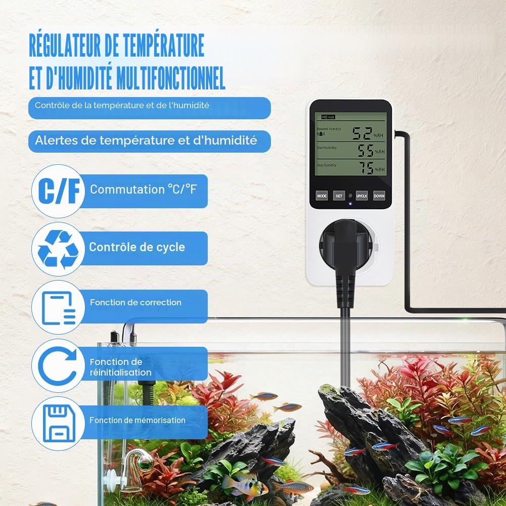 Régulateur d'humidité 230 V, thermostat numérique hygrostat prise avec capteur, interrupteur de température, régulateur d'humidité pour serre, terrarium, humidificateur, aquarium