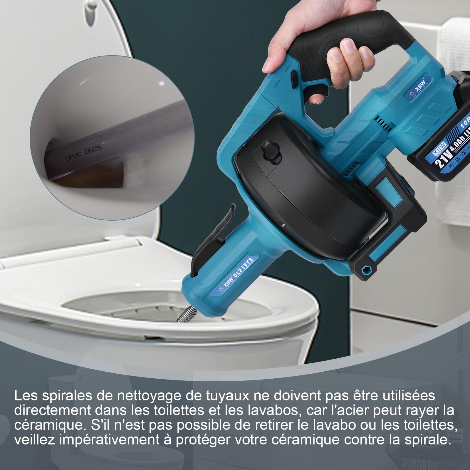 XIIW Furet Déboucheur de Canalisation Électrique Sans Fil 18V(MAX 21V), Spirale 7,6m, Pour Tuyaux Ø16-85mm, Rotation Avant/Arrière, Batteries Incluses, Outil de nettoyage de tuyaux professionnel