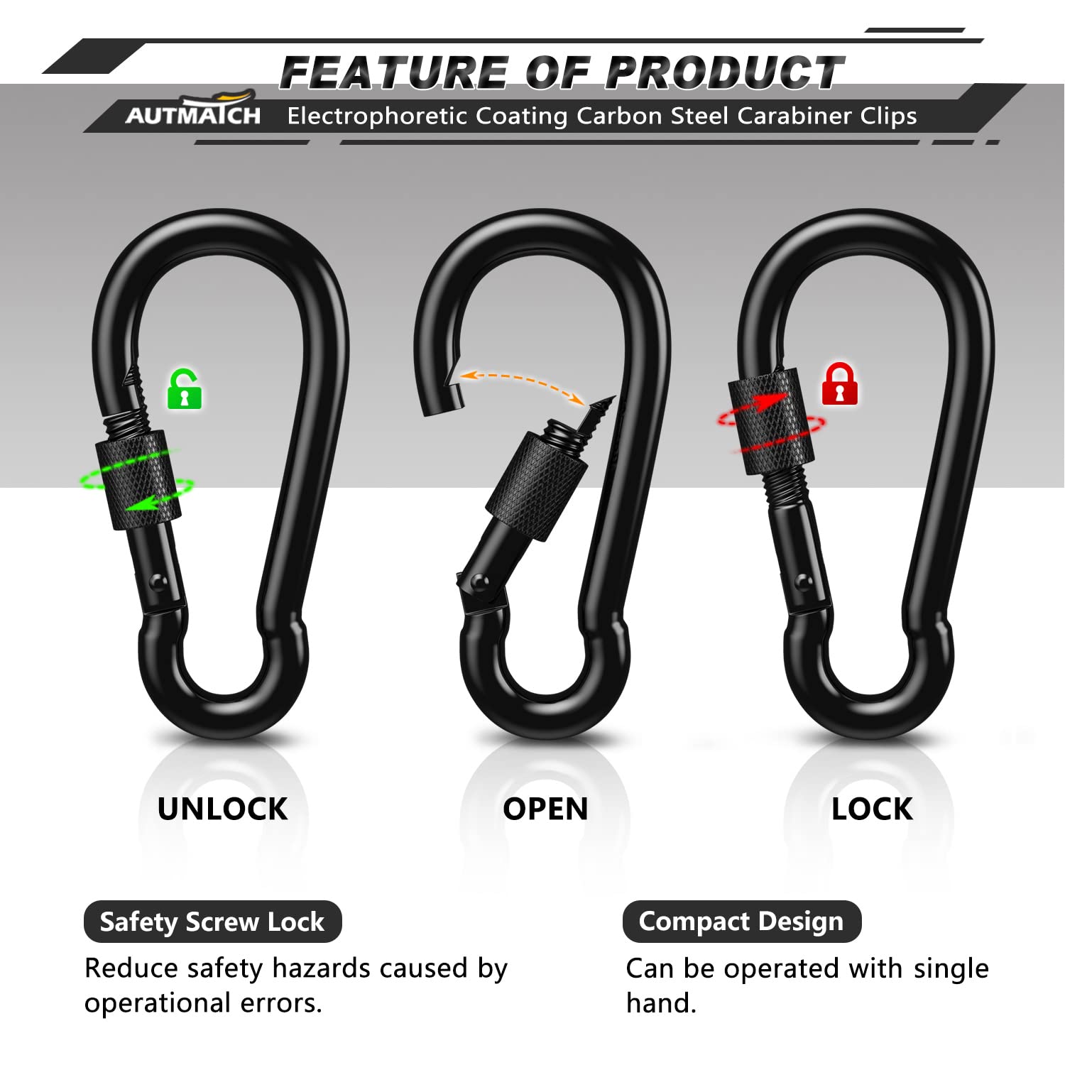 AUTMATCH Carabiner Clips, 3" Carbon Steel Spring Snap Hook Caribeener Clips Buckle Pack Grade Heavy Duty Carabiners Quick Link for Camping, Fishing, Hiking, Traveling, Locking Black, 4 Pack image_1