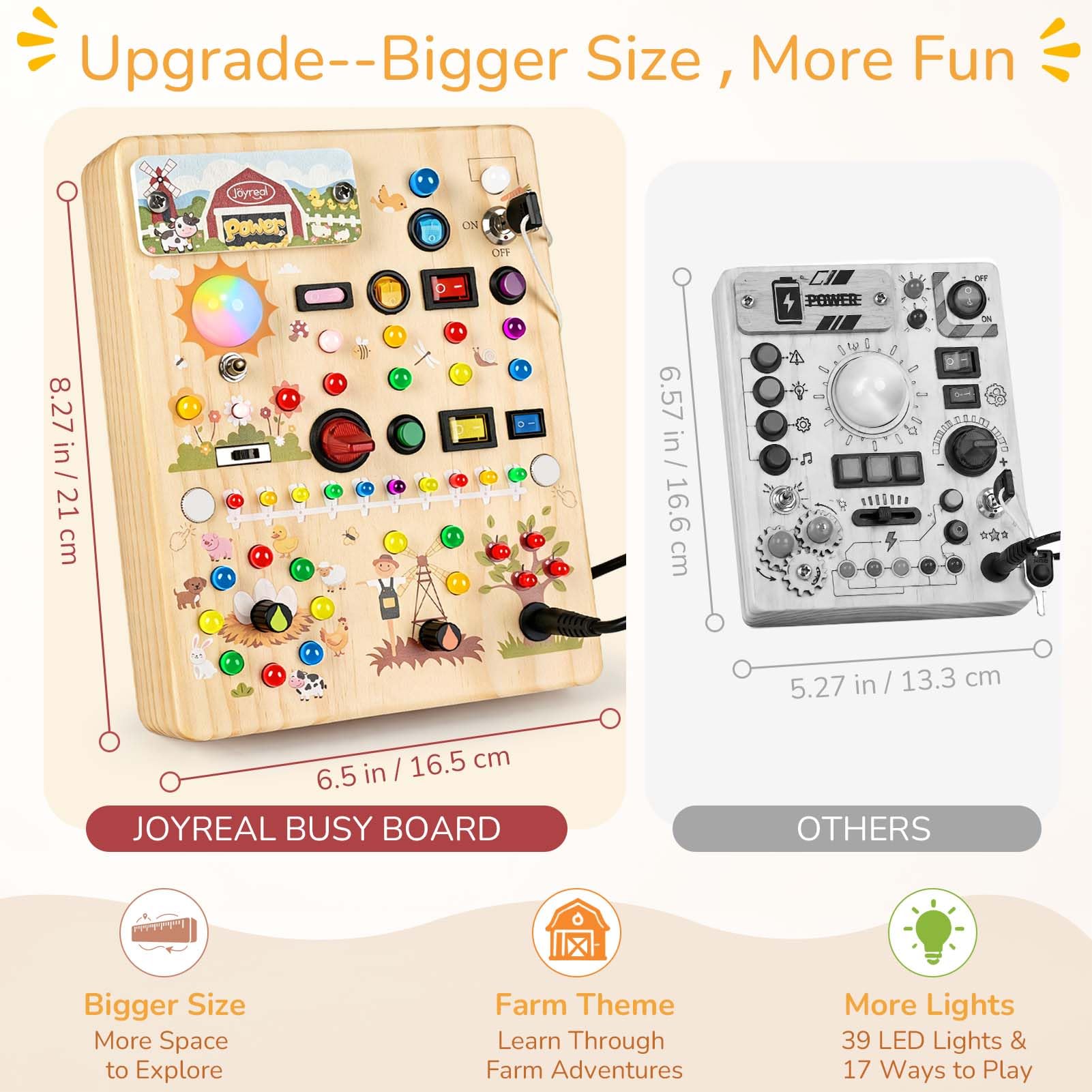 Joyreal Busy Board Giochi Bambini 1 Anno, Tavola attività Montessori in Legno con 39 Luci LED E 17 Interruttori, Gioco Sensoriale Educativo per Bambini, Regalo Bambino 1 2 3 Anni