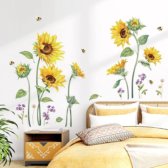 decalmile Sunflower Honeybee Wall Decals Garden Flower Wall