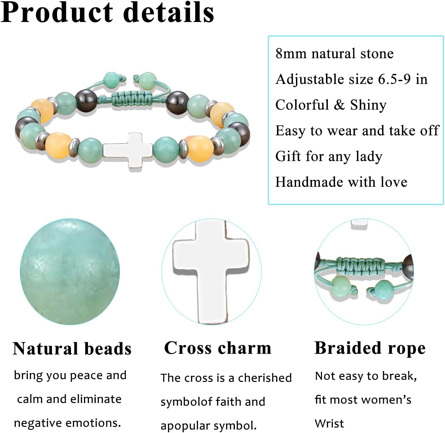 Cross Bracelet for Women Christian Bracelet Natural Stone Beads Handmade Jewelry Religious Gifts for Women - Image 3