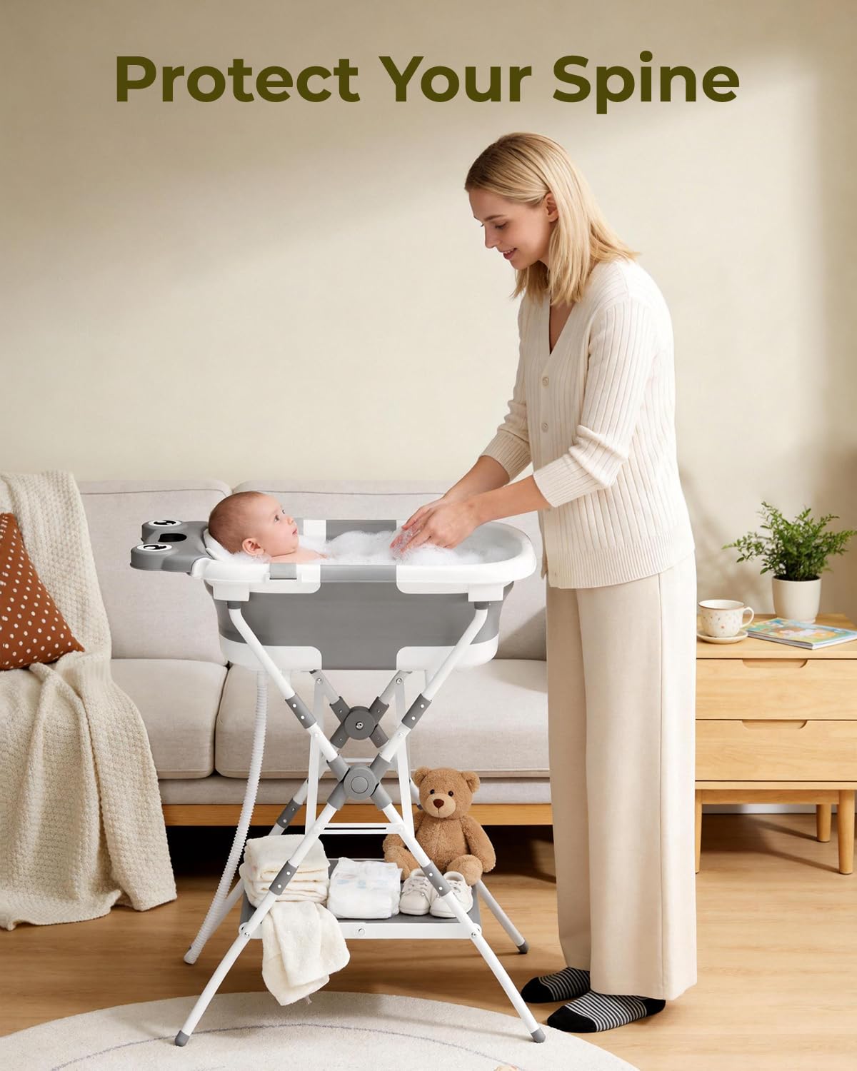 COOSEYA Bañera plegable 3 en 1 con soporte, bañera para bebés desde recién nacidos hasta niños pequeños con cojín de apoyo suave, diseño plegable para viajes y exteriores, 0-18 meses