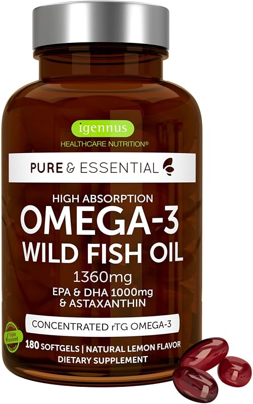 Igennus Ultra Pure Omega 3 rTG Aceite de pescado salvaje 1360 mg, 180 cápsulas blandas | EPA DHA 1000 mg con certificación IFOS, omega-3 ultrapuro de alta absorción con astaxantina, sin OGM, 90 porciones
