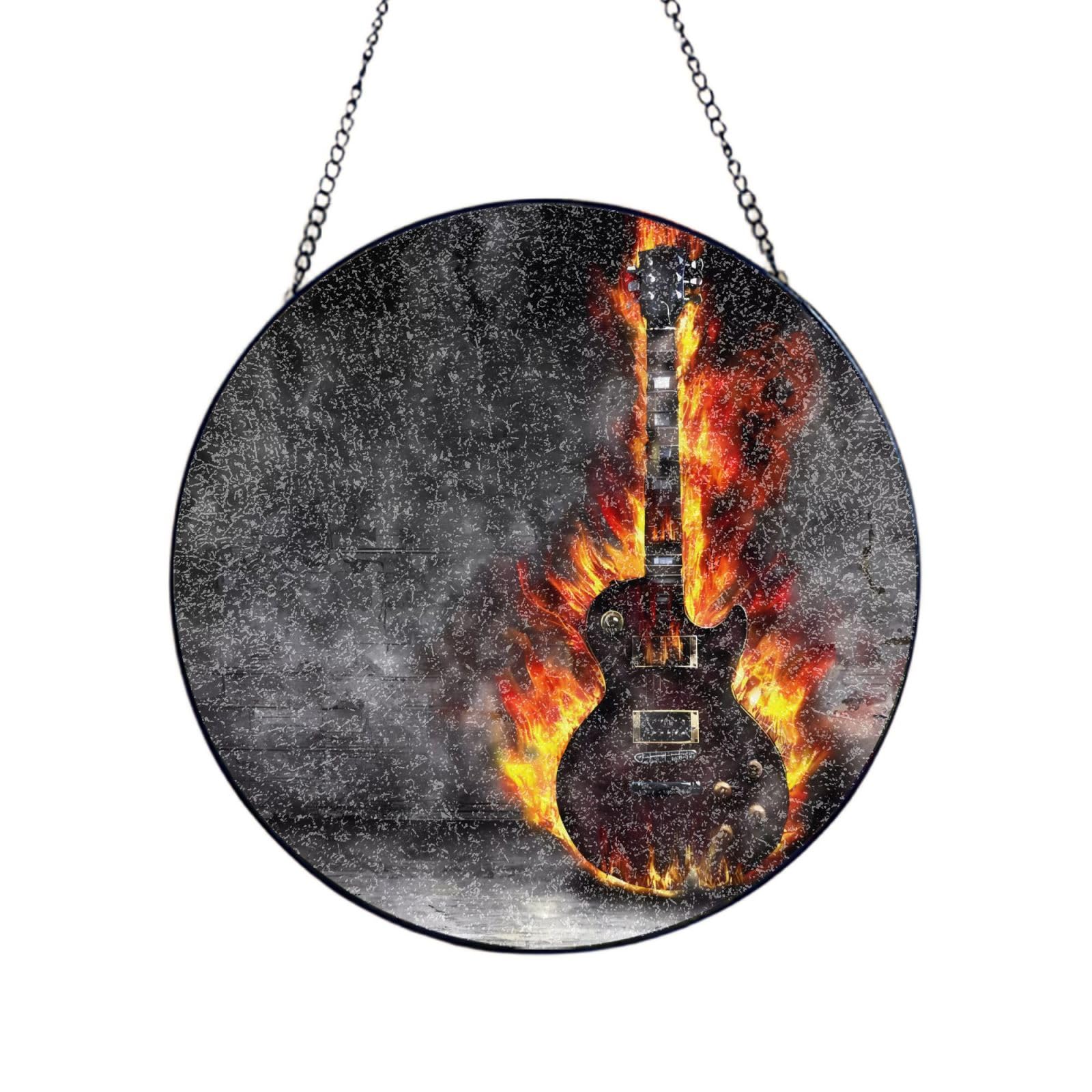 Phayah Burning Guitar Print Glass Window Hanging Round Suncatcher Glass Ornament Garden Wall Fence Decorations Indoor Outdoor 4in（10cm）