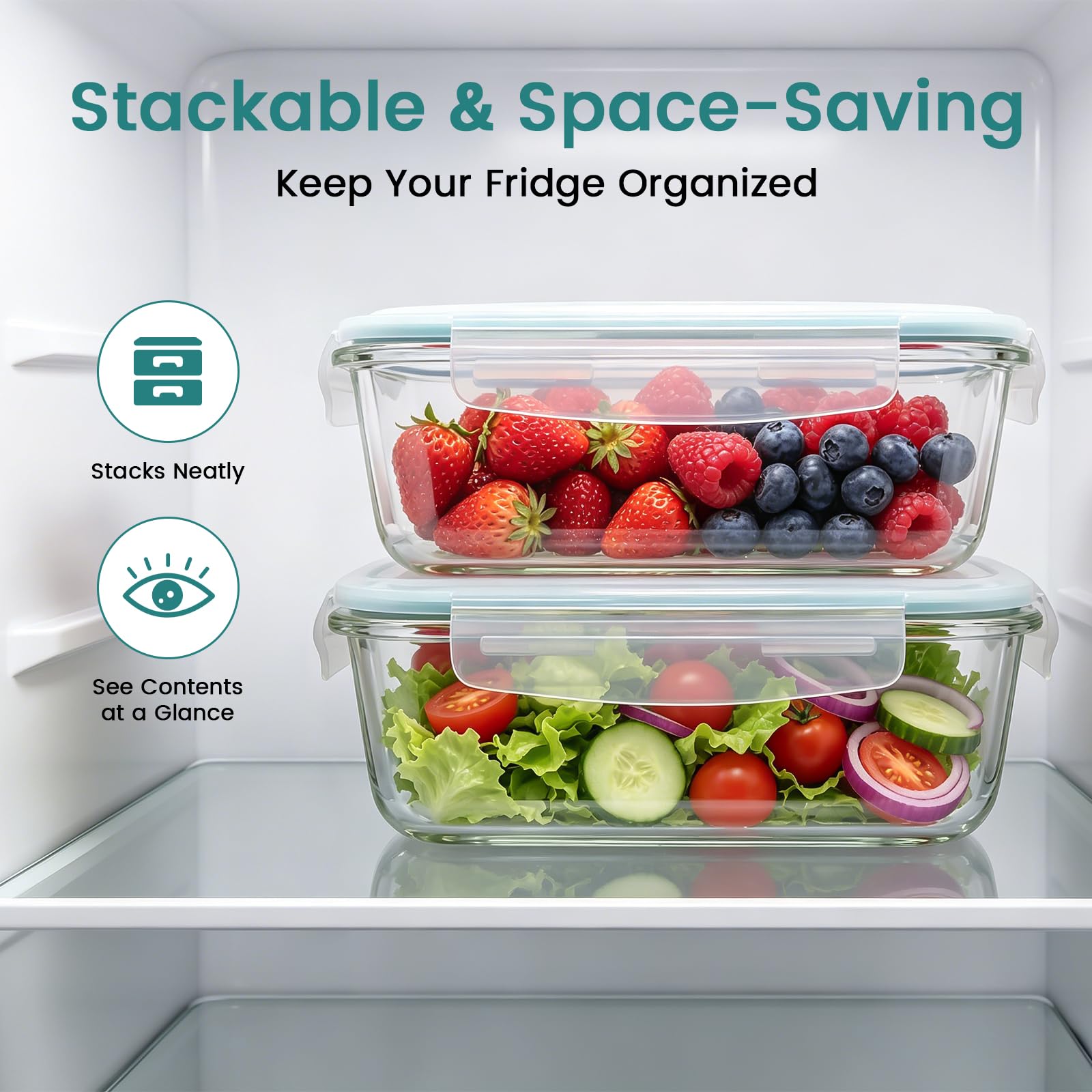Luvan 2 * 1,52L Recipientes grandes de Cristal con Tapas para Alimentos, Recipientes de Meal Prep/Cajas Bento/Cajas de Almuerzo con 4 Cierres de Pestañas, Aptos para Refrigerador y Lavavajillas