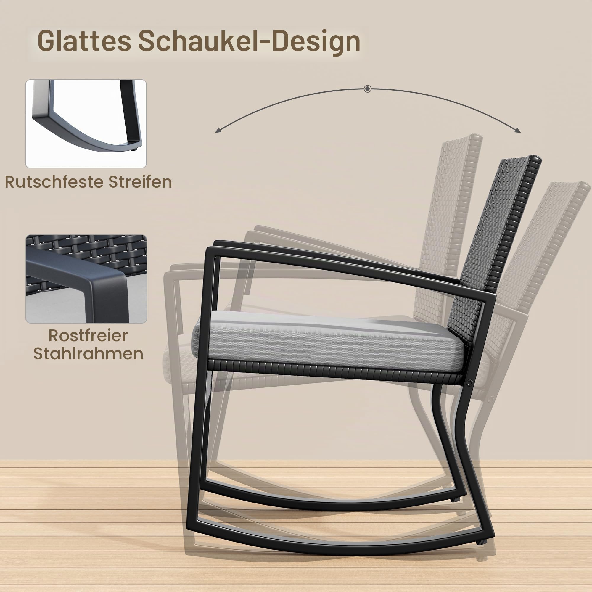 Xbro Rattan Gartenmöbel Set für 4 Personen, Balkonmöbel Lounge mit 2 Schaukelstühlen, Doppelsessel & Glastisch, inkl. Sitzkissen, wetterfest für Garten, Terrasse, Veranda & Pool, Grau