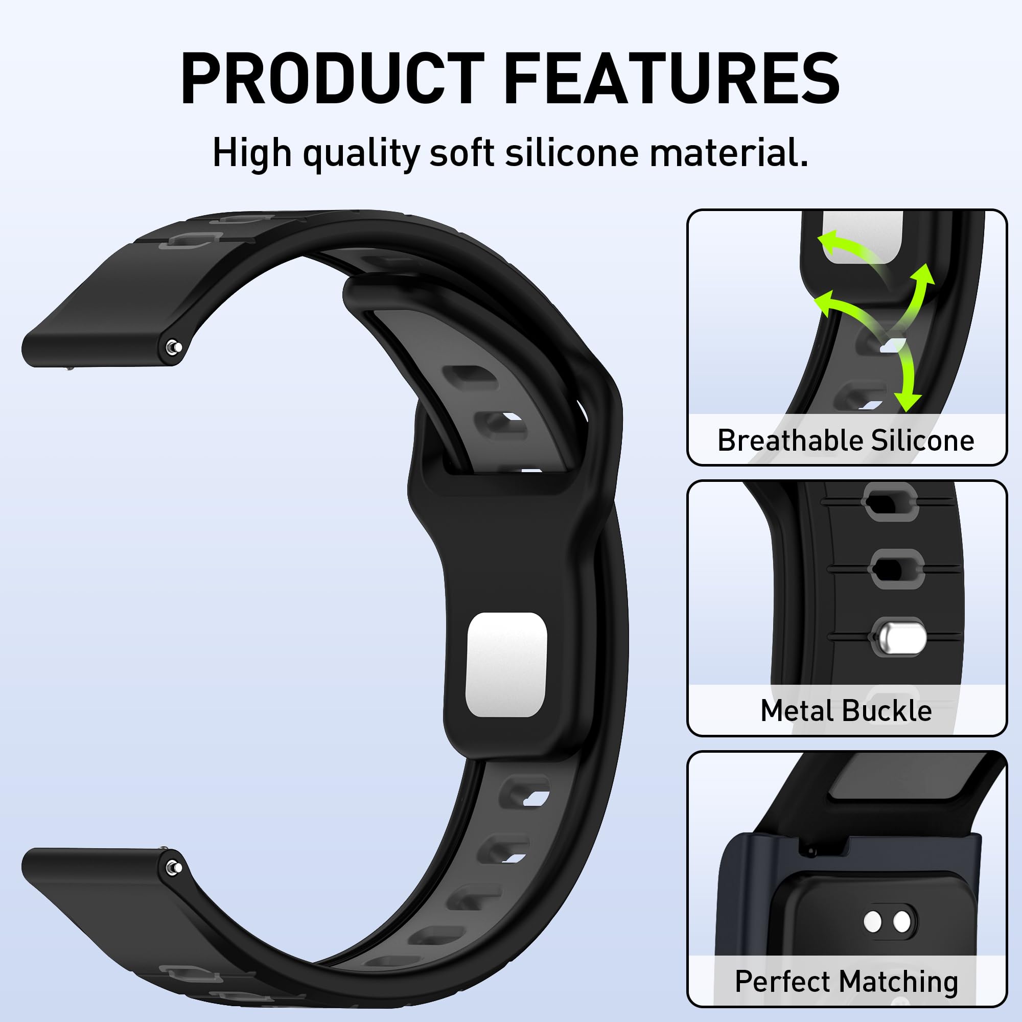 Diruite 2 Piece Bicolor Watch Straps for Amazfit Helio Silicone Watch Bands,Waterproof Ventilated Silicone Sport Watchbands Quick Release Replacement Bands for Men and Women — view 6