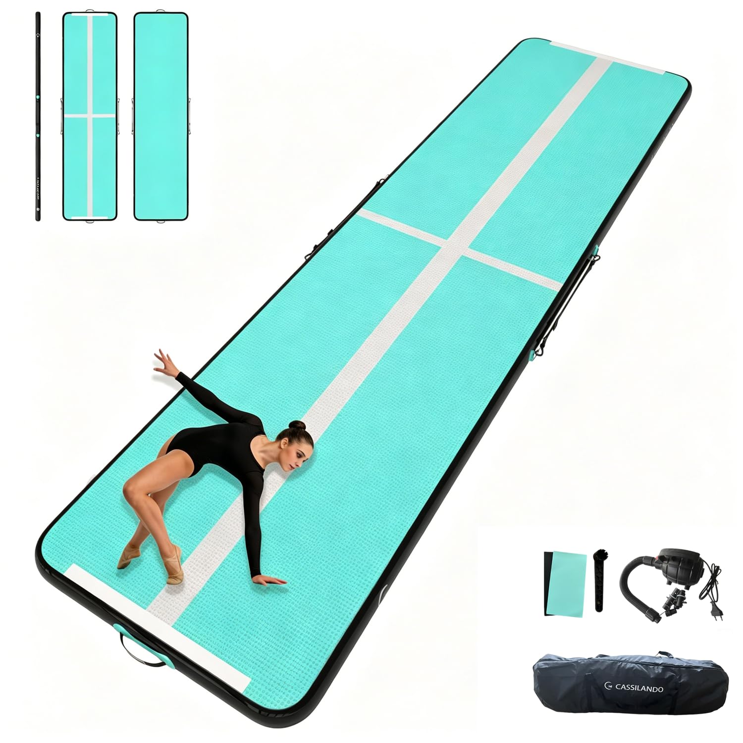 CASSILANDO Air Gymnastics Track Tumbling Mat 13ft Training mat, 4 inches Thick High Air Tumble Track Mat with Electric Pump for Home Use/Gym/Yoga/TrainingOutdoor, Mint Green/Black