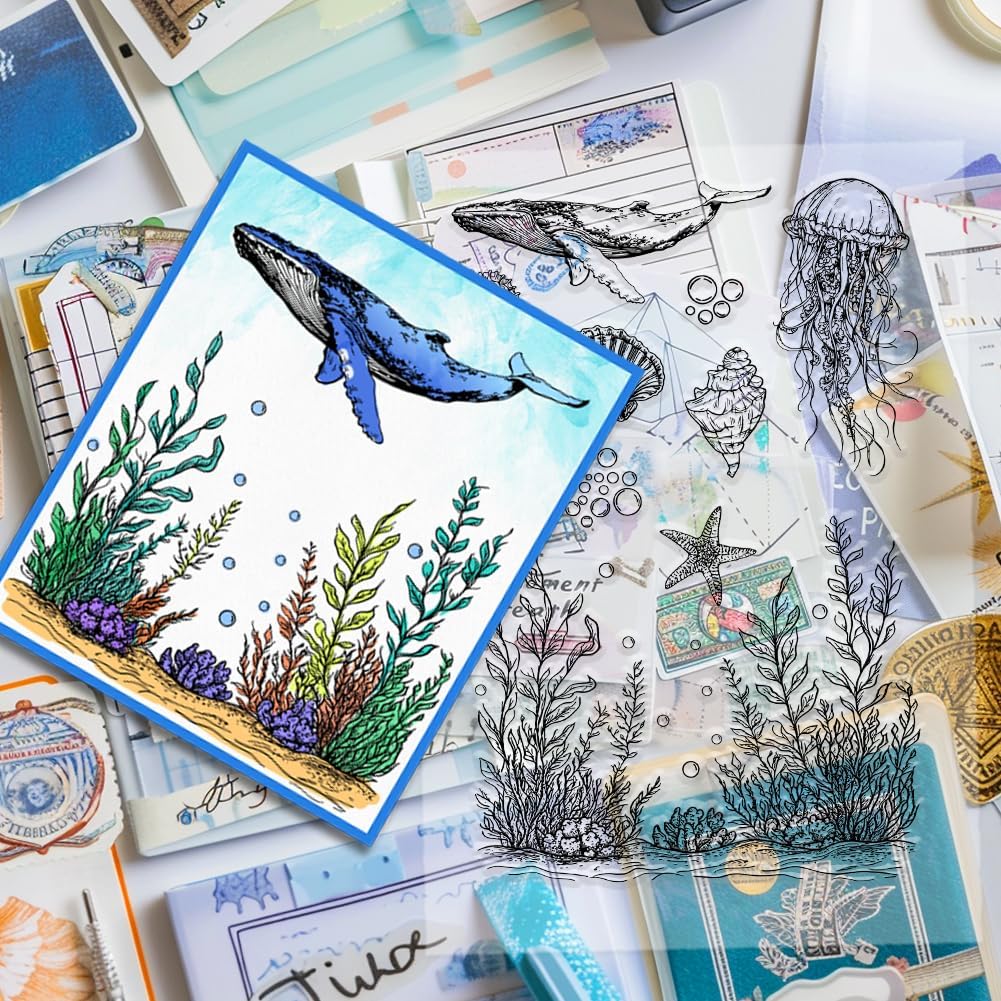 PH PandaHall Sea Animals Clear Stamp for Scrapbooking, Shell Seahorse Starfish Silicone Stamp Jellyfish Sea Grass Transparent Rubber Stamp for Card Making Decoration, Book, Journal, Gift Tags