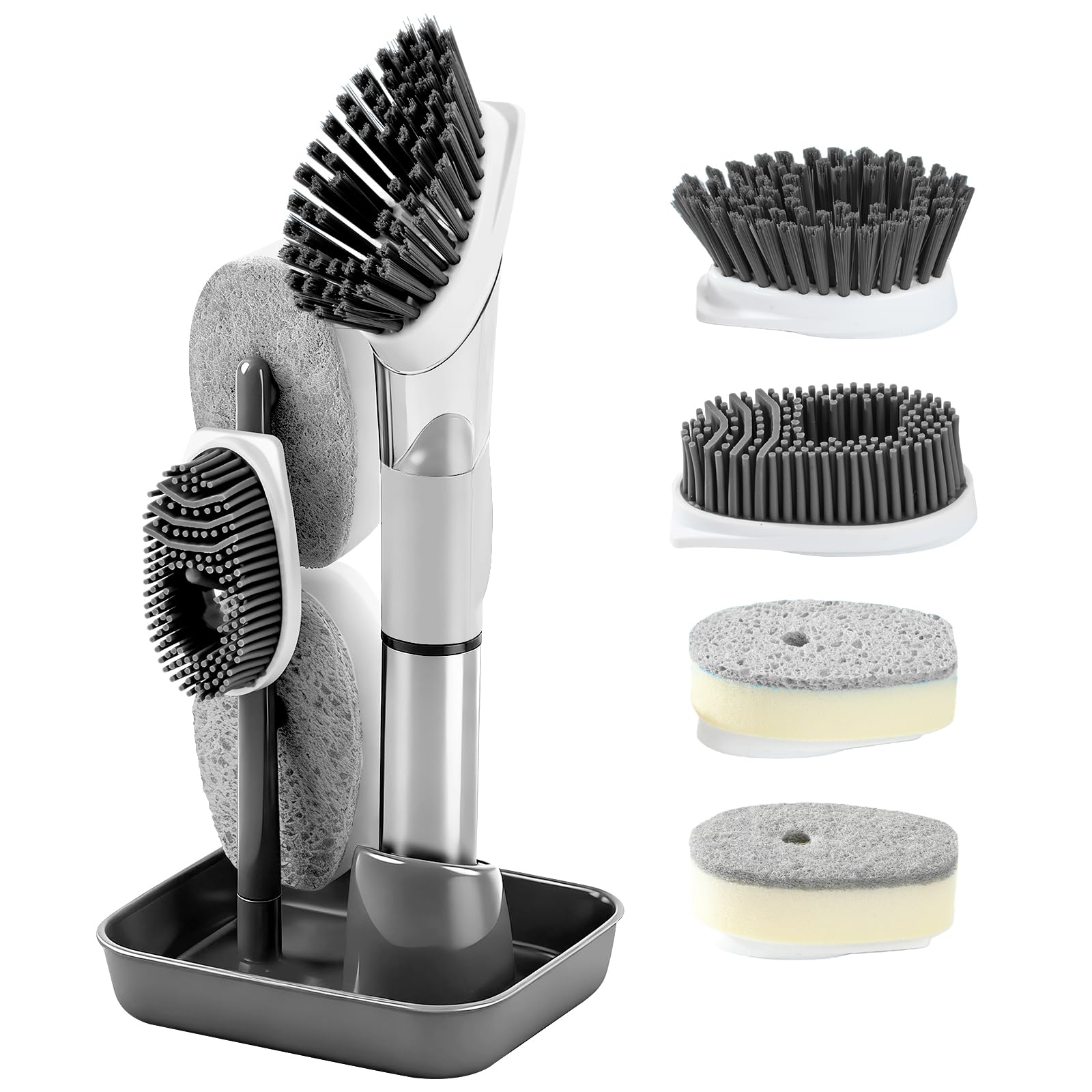 Soap Dispensing Scrub Brush - 4-in-1 Kitchen Cleaning Brush with Built-in Tank, Scraper Heads for Stubborn Grime on Pots Pans, Stand/Hang Storage-Grey