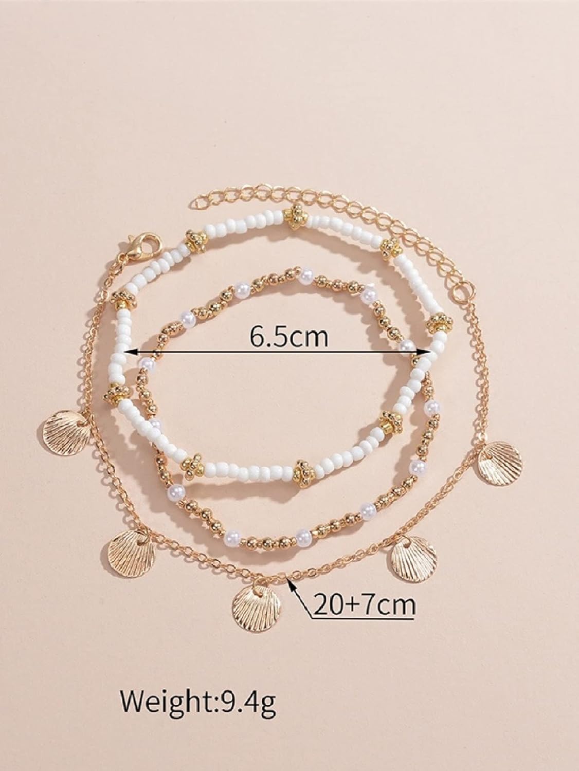 WDIRARA レディース 3ピース シェル人工パールビーズ スパンコール ラウンドチャーム レイヤード 調節可能なアンクレット,