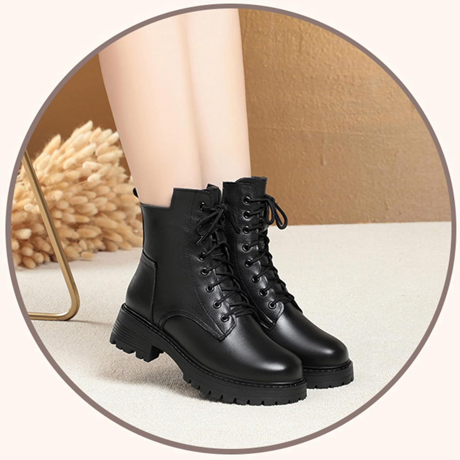 Women's Winter Platform Boots - Fur Lined Combat & Riding Booties with Chunky Heel, Leather Lace-Up & Side Zip for Warmth & Traction,Black,9