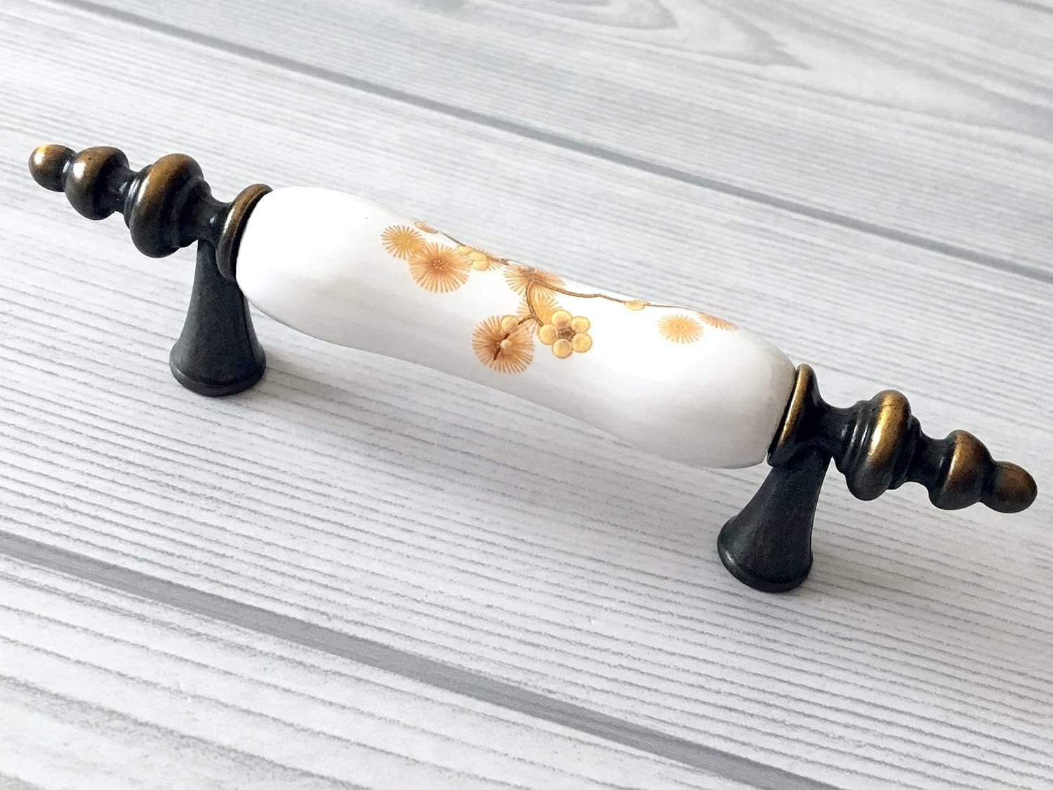 3" C-C Drawer Pull Cabinet Pull Ceramic Handle Silver White Drawer Knob Ceramic Cabinet Handle Porcelain Dresser Pulls Kitchen Door Handles Hardware (Dark Antique Brass/Yellow Flower)